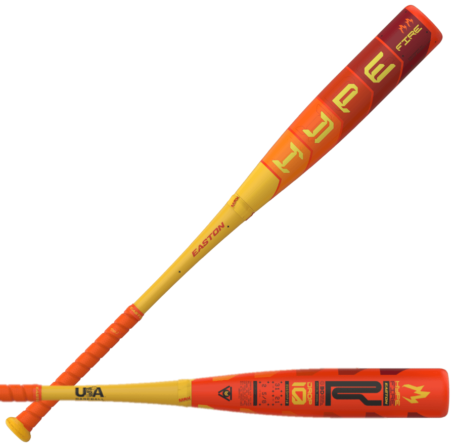 Easton Hype Fire 2025 (-10) USA baseball bat showcasing vibrant red and yellow design, featuring advanced 3D Ropecoil technology.