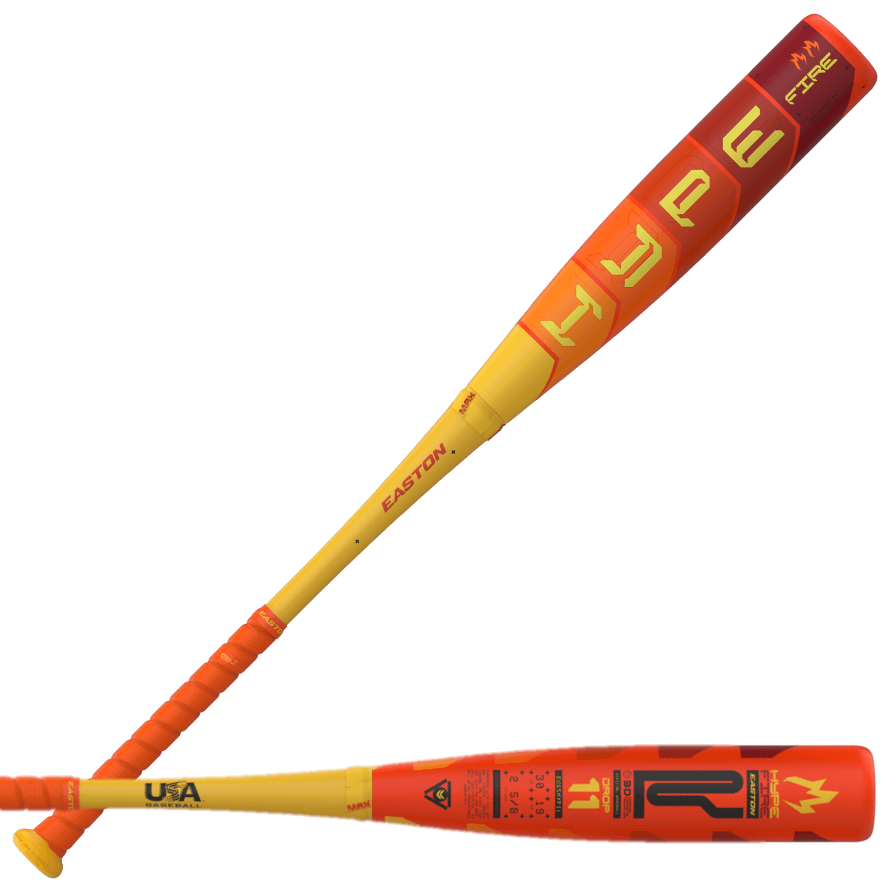 Easton Hype Fire 2025 (-11) USA baseball bat showcasing vibrant red and yellow design with advanced composite technology.