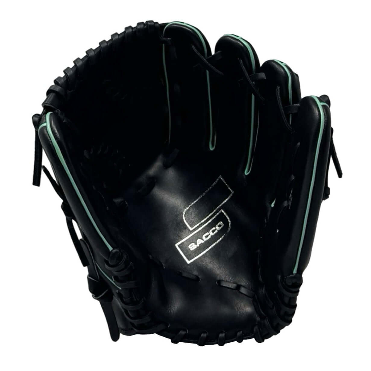 Front of Sacco 12" glove in black with mint accents, featuring Seams-Web design.