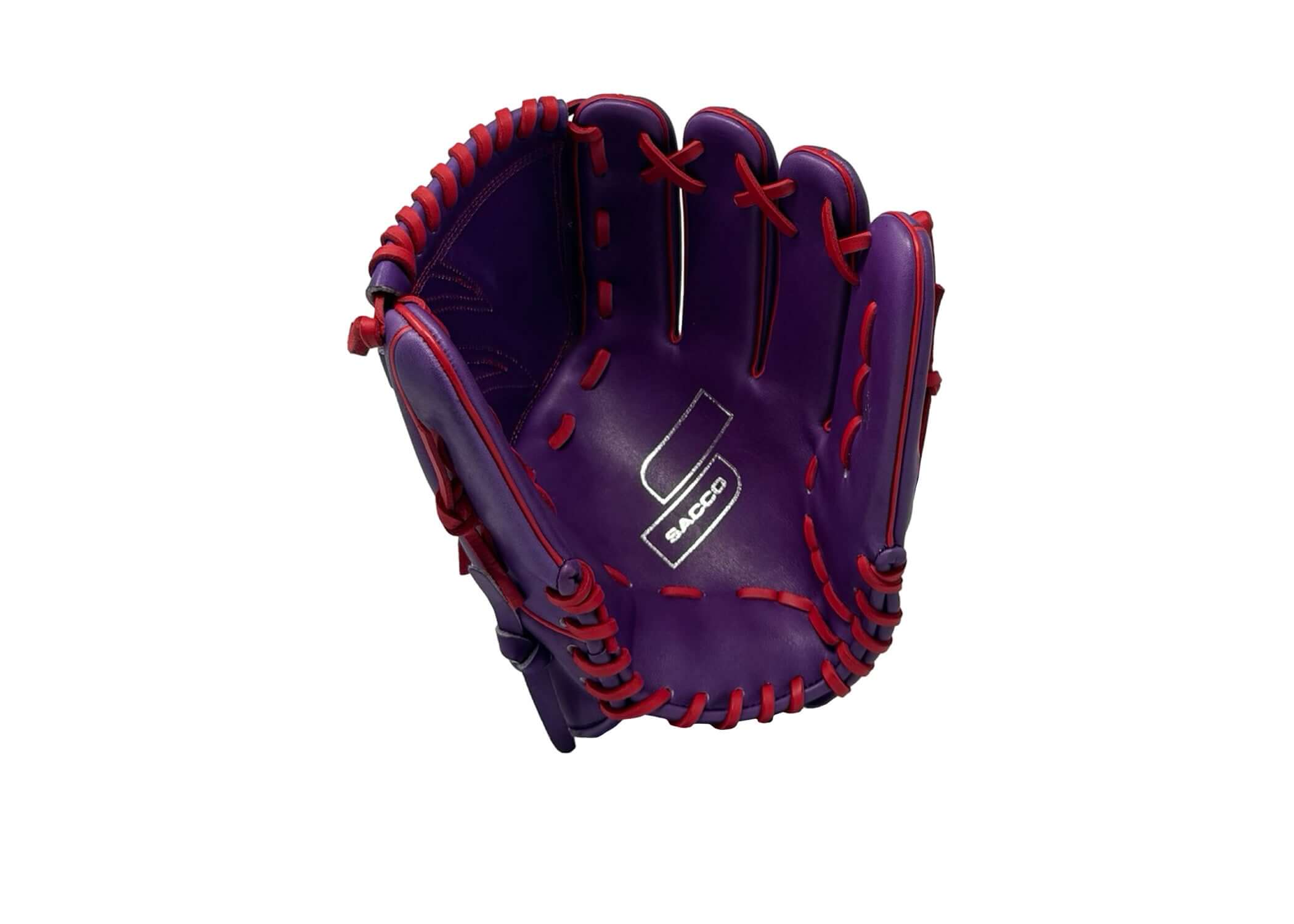 Front of Sacco 12" glove in purple, showcasing elegant Fins-Web design and red accents.