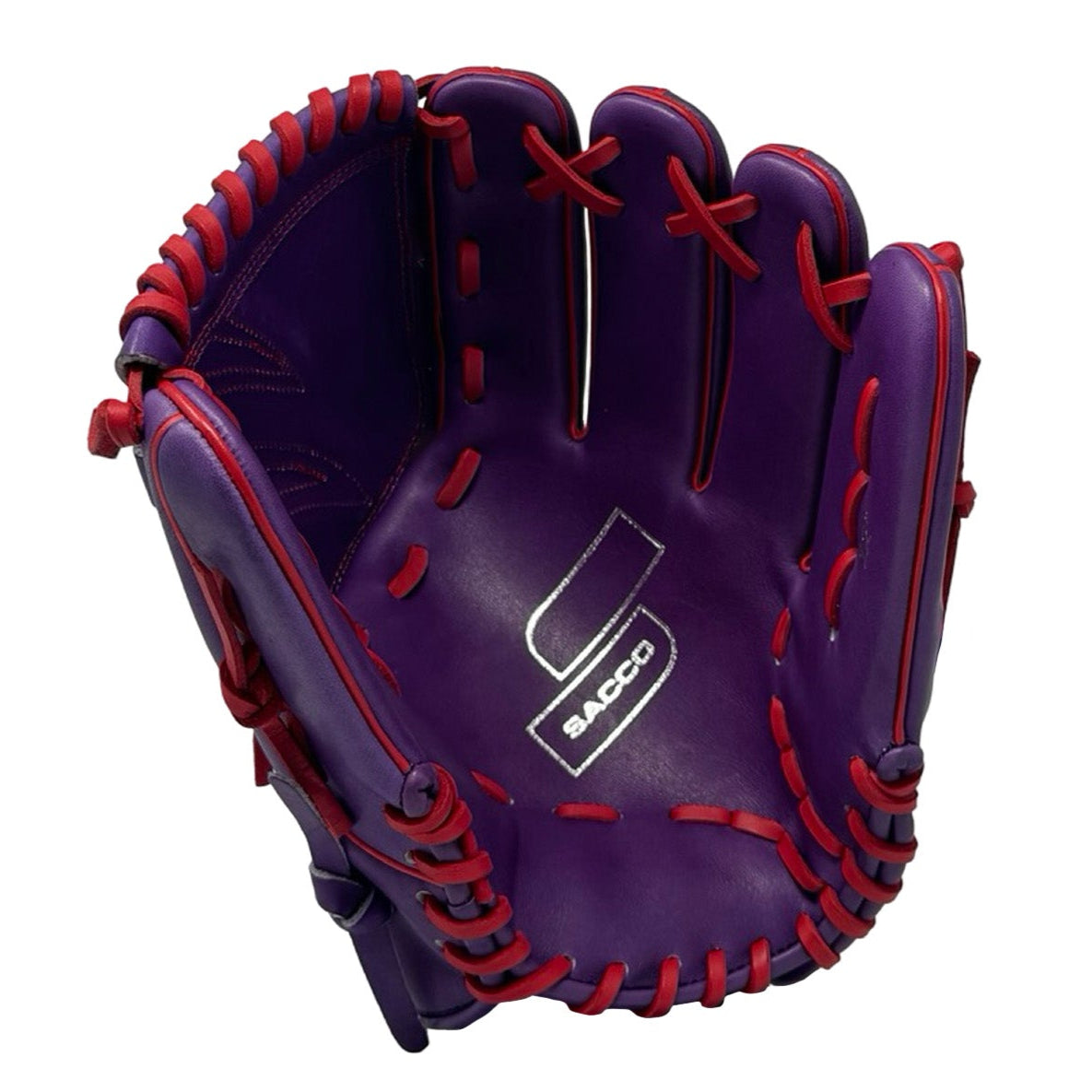 View of Sacco glove emphasizing robust red lacing and structured build.