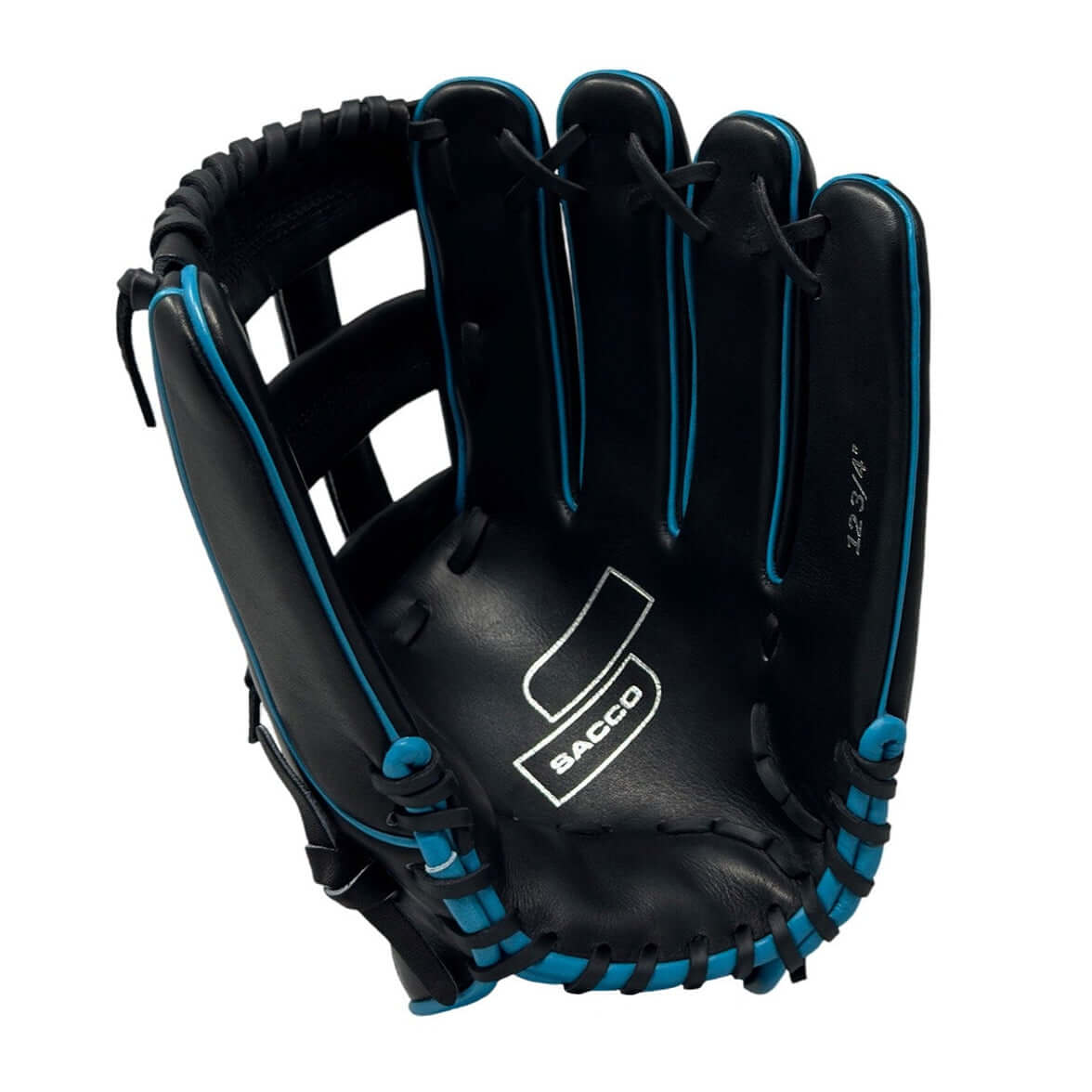 Sacco Ultra Premium Steer-Hide H-Web glove in black and aqua, 12.75" for superior fielding performance and comfort.