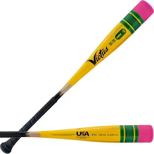 Victus Vibe Pencil USA baseball bat design in vibrant yellow and pink, showcasing one-piece aluminum construction.