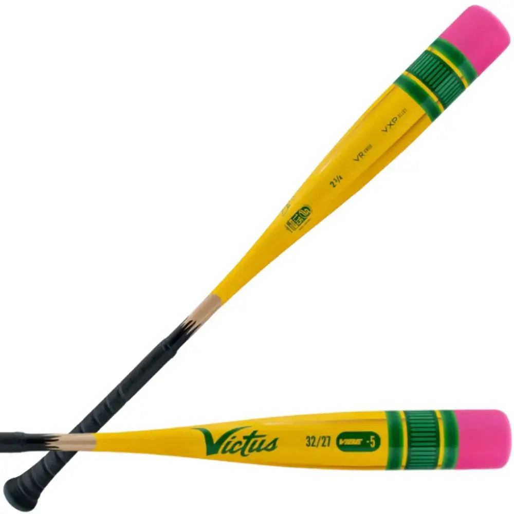 Victus Vibe Pencil (-5) USSSA baseball bat featuring a vibrant yellow and pink design for superior performance.