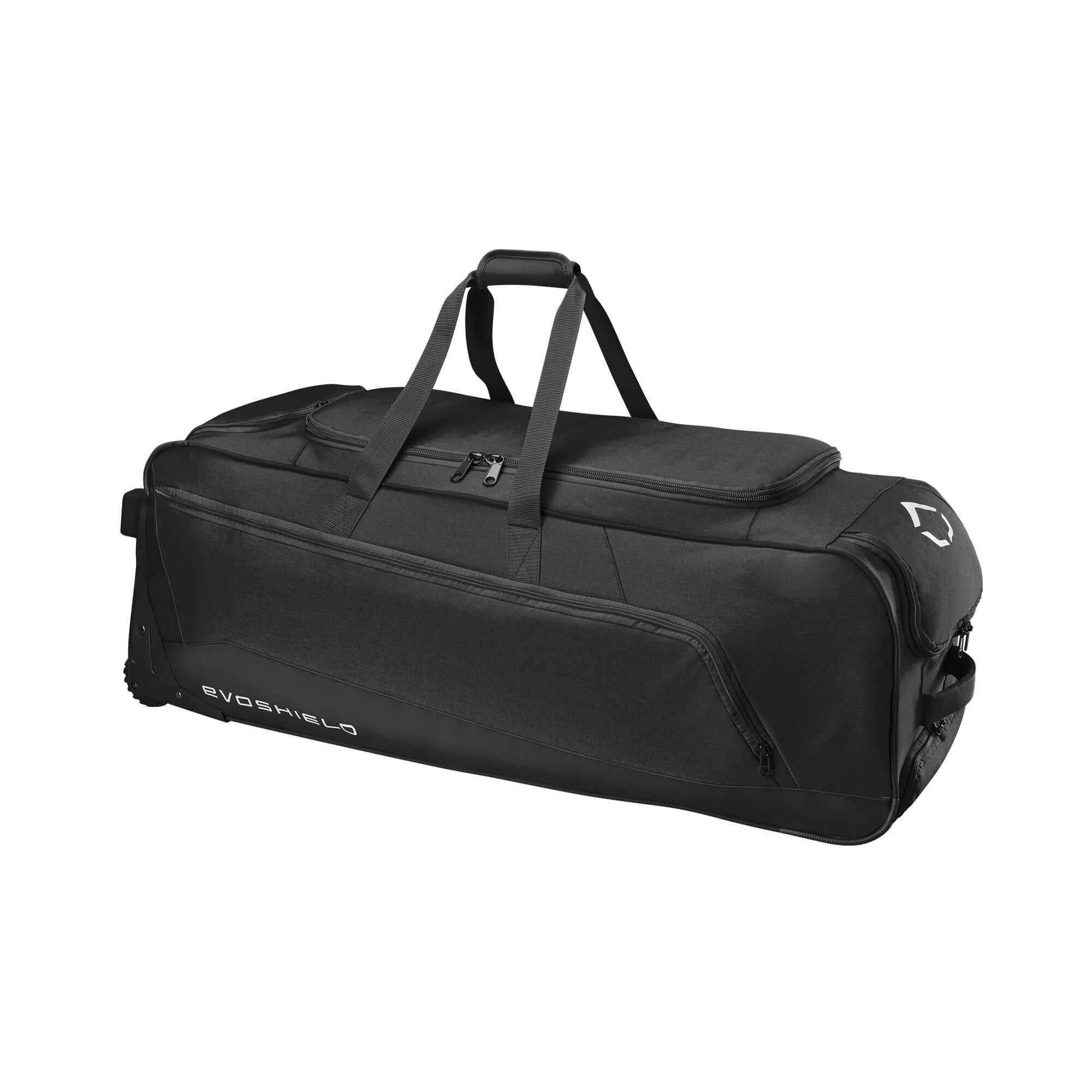 Evoshield Stonewall 2.0 Wheeled Bag, spacious black equipment bag with handles for athletes and coaches.