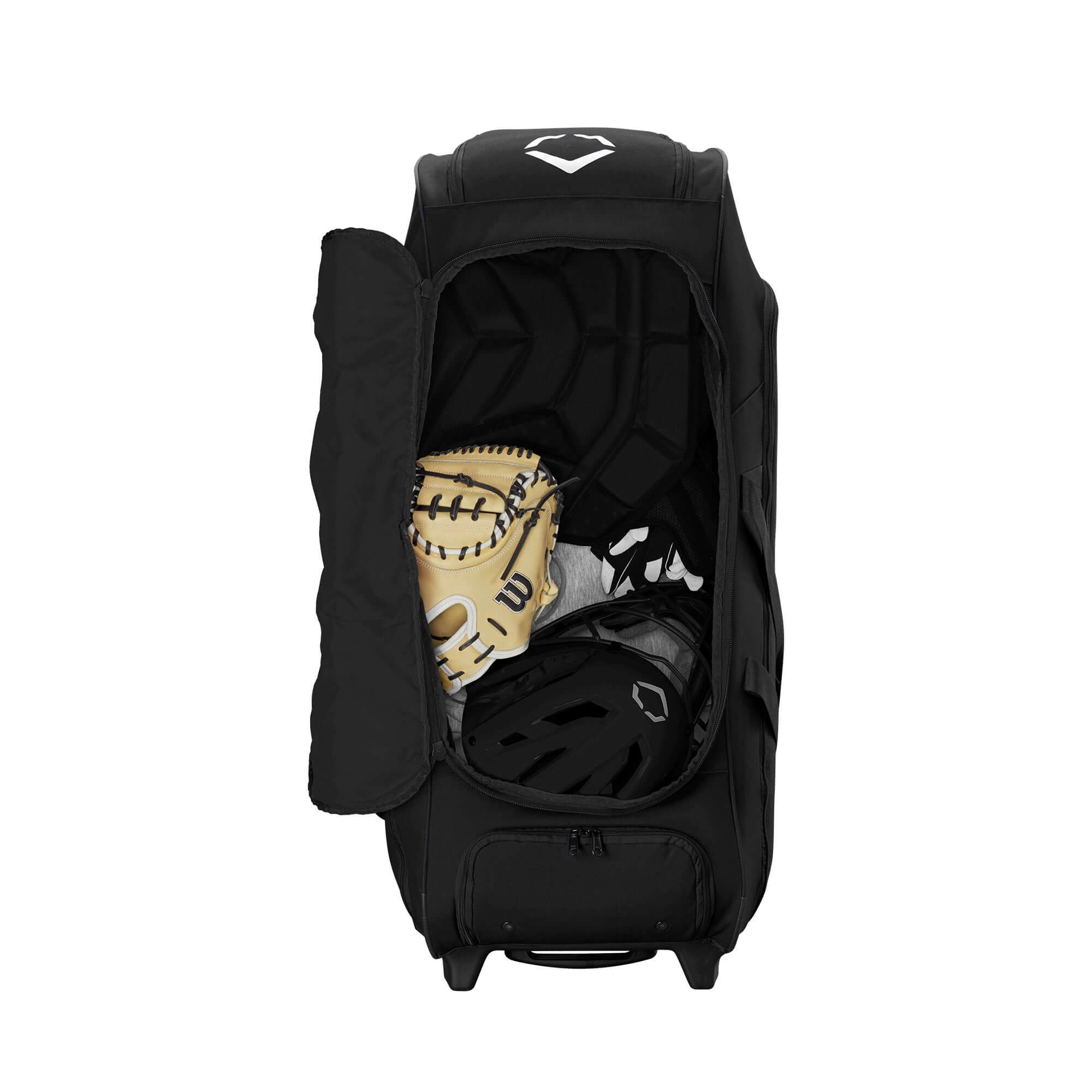 Evoshield Stonewall 2.0 Wheeled Bag open to reveal baseball gear, including gloves and helmets inside.