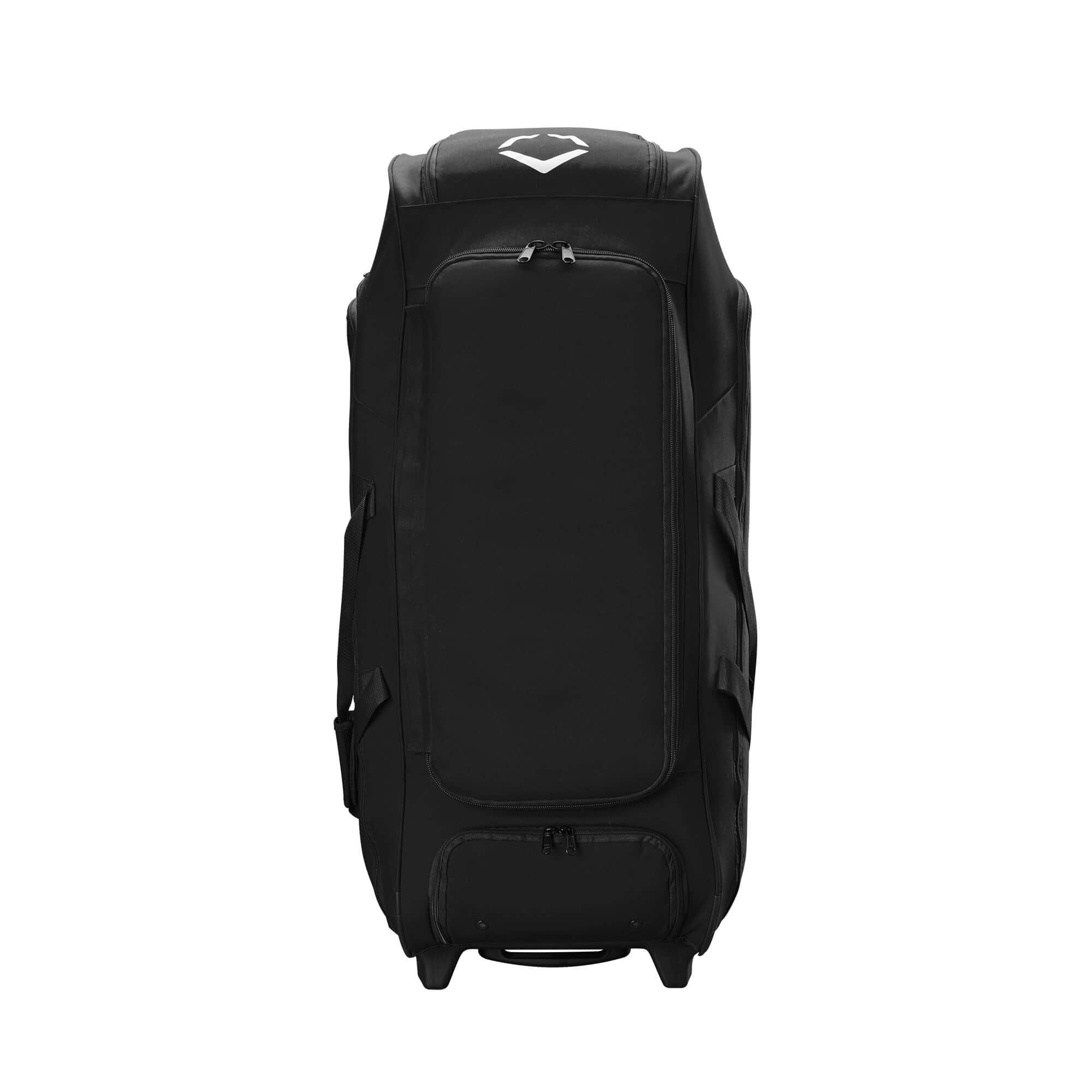 Evoshield Stonewall 2.0 Wheeled Bag in black, designed for catchers and coaches to carry sports equipment.