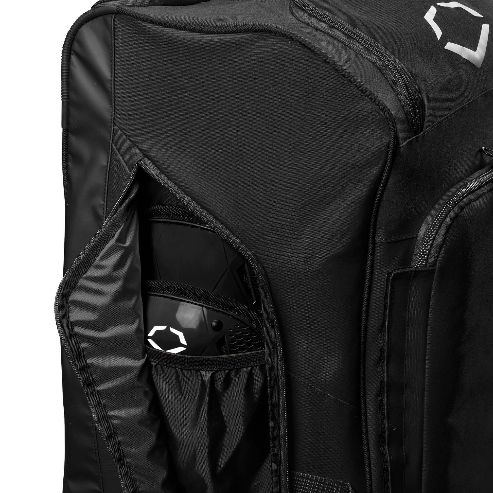 Close-up of the Evoshield Stonewall 2.0 Wheeled Bag showcasing the exterior pocket and gear storage.