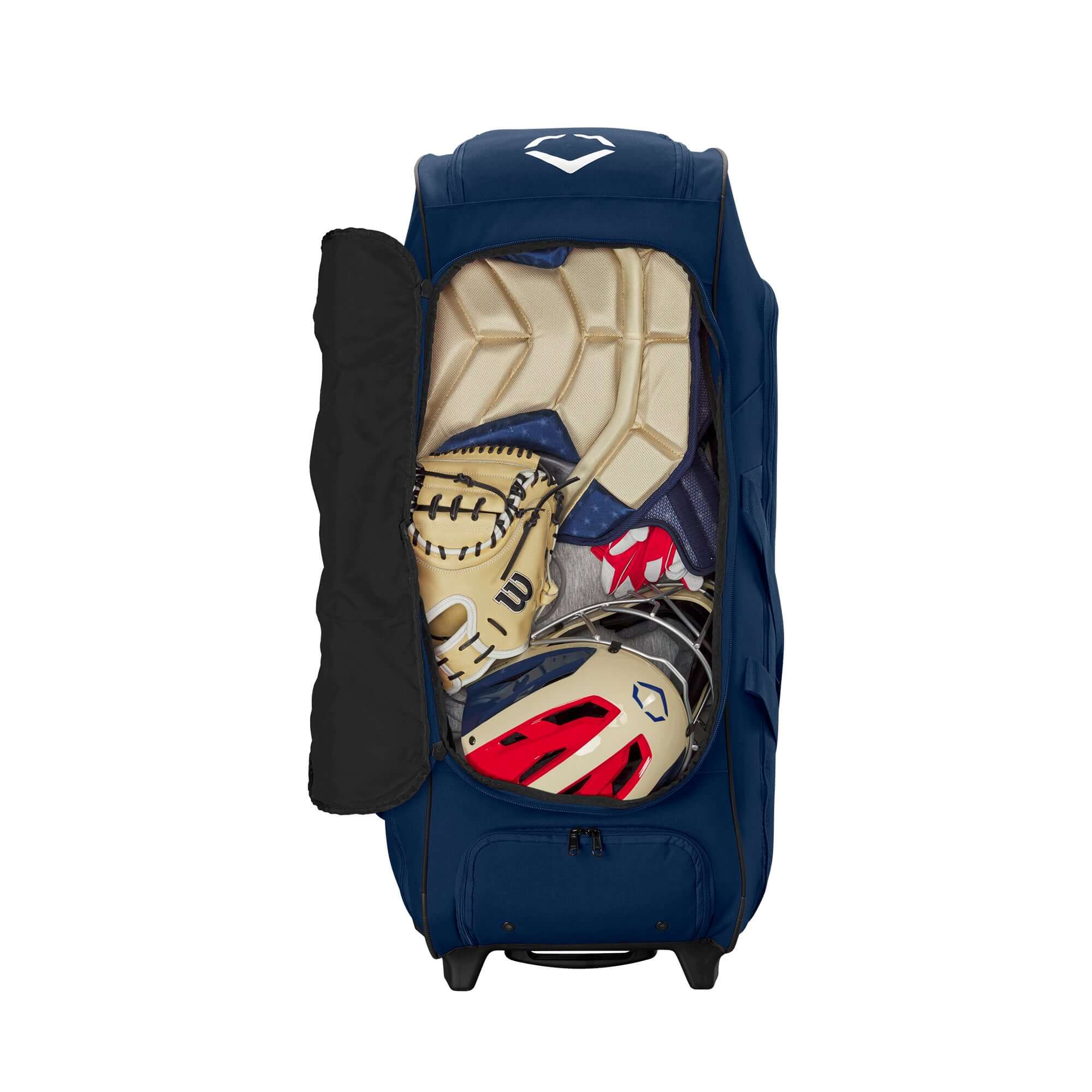 Evoshield Stonewall 2.0 Wheeled Bag showing catcher's gear, spacious design for sports equipment storage.