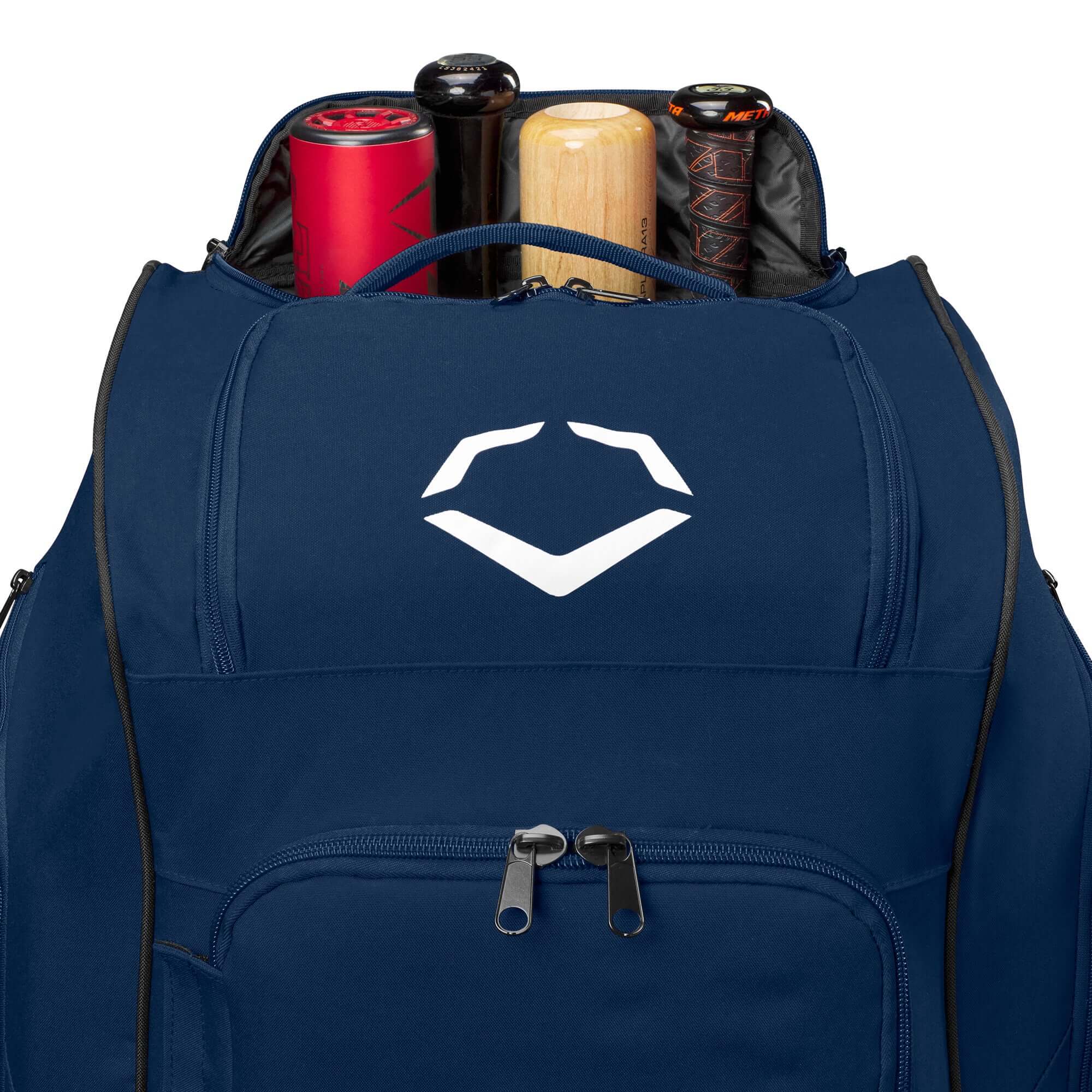 Evoshield Stonewall 2.0 Wheeled Bag showcasing team bats in the spacious top compartment, perfect for athletes and coaches.