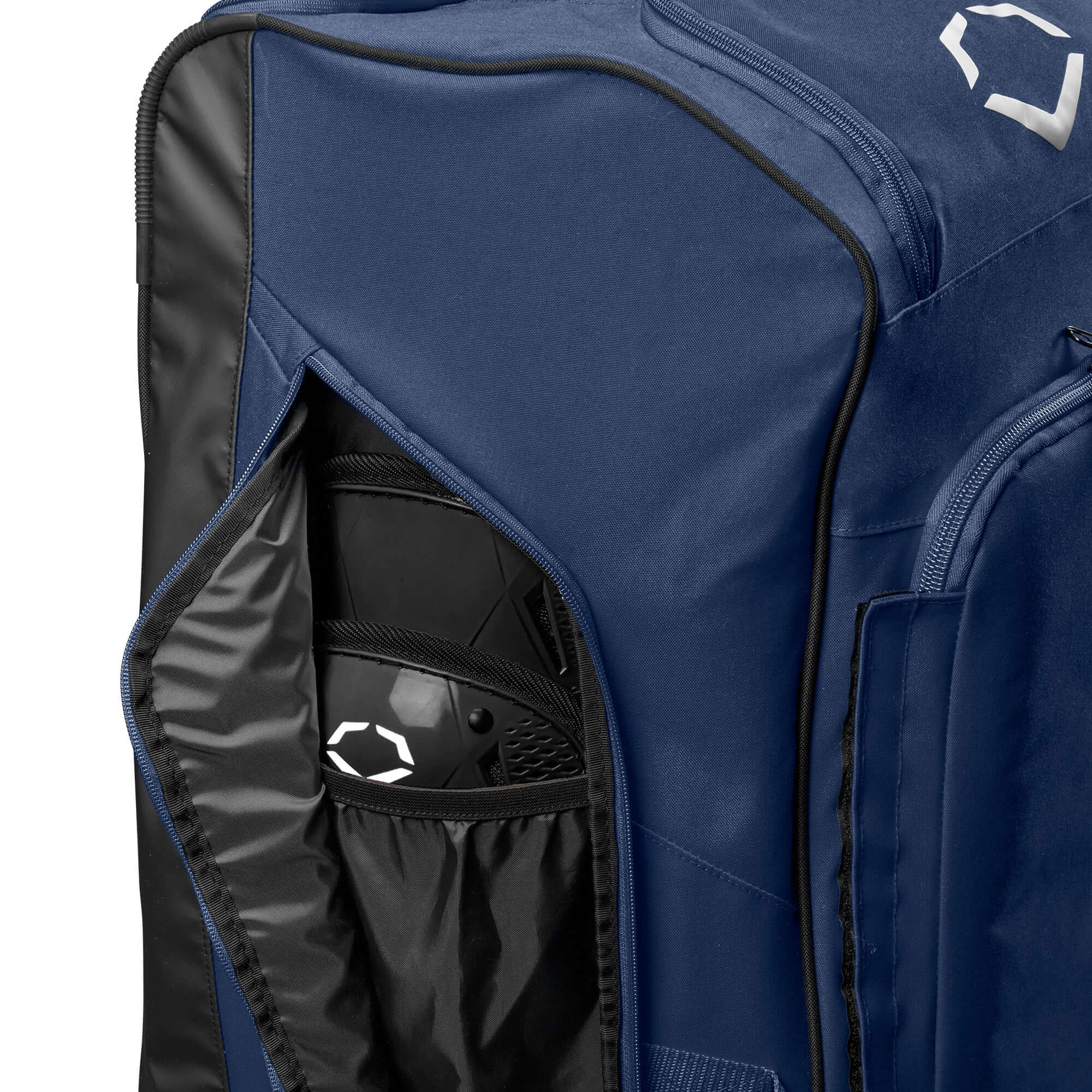 Evoshield Stonewall 2.0 Wheeled Bag side pocket showcasing storage for gear and equipment.