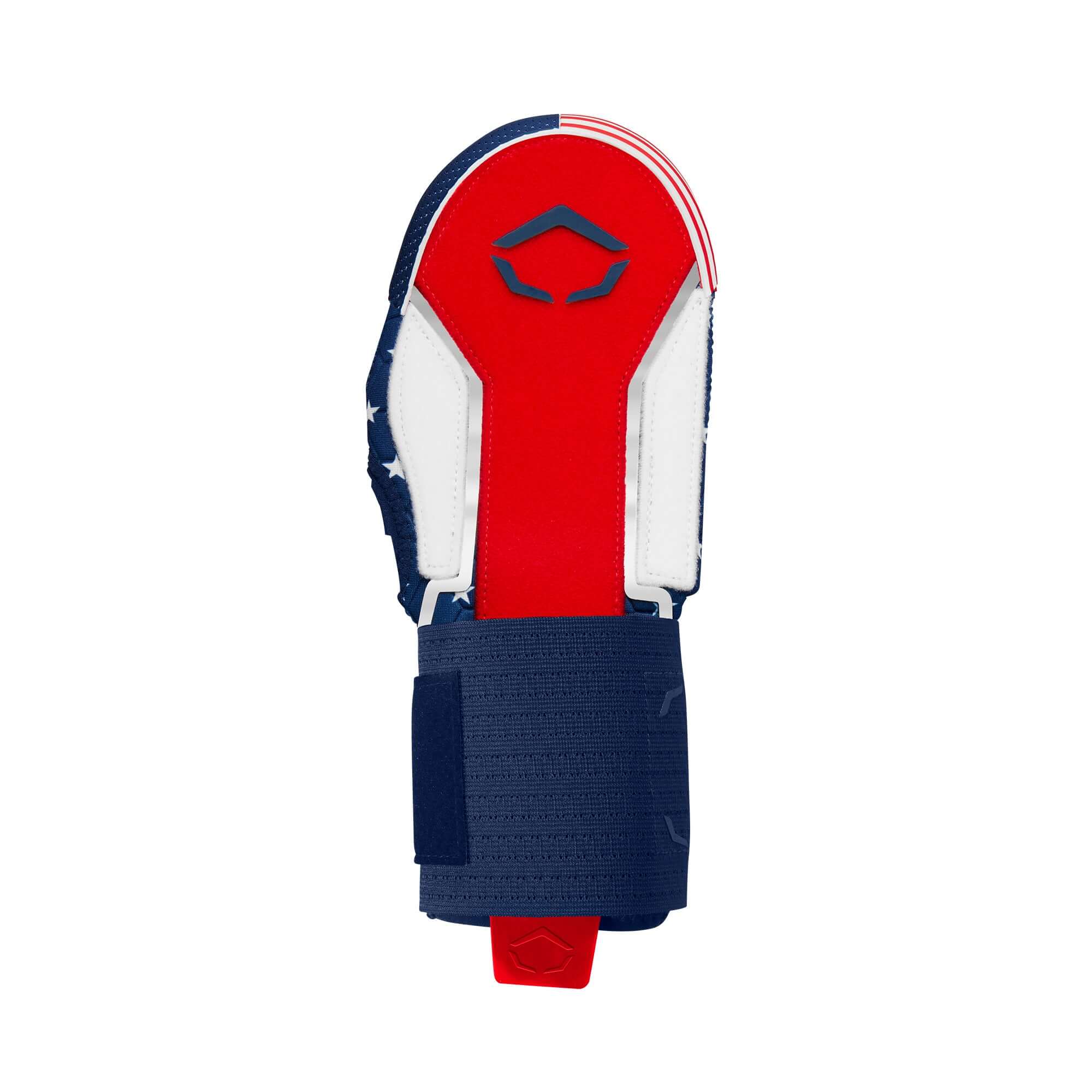 Evoshield X-SRZ Patriot Sliding Mitt 2.0 in white, scarlet, and navy with rubber finger bumper for enhanced base sliding protection.