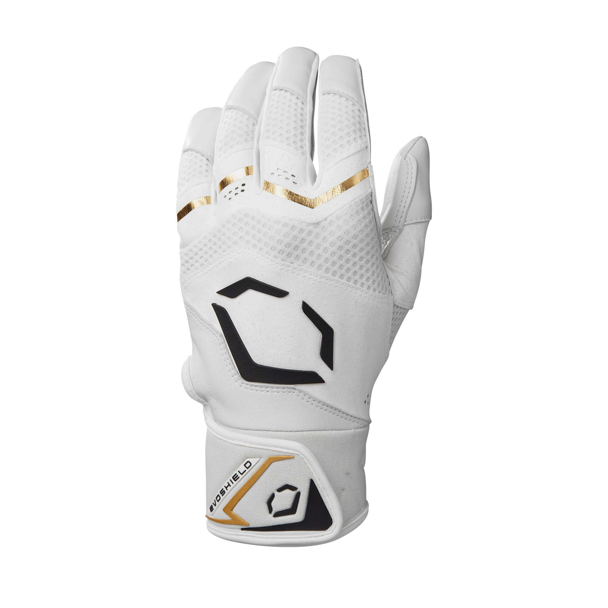 Backhand view of Evoshield Youth Carbyne Batting Glove, Team White color.