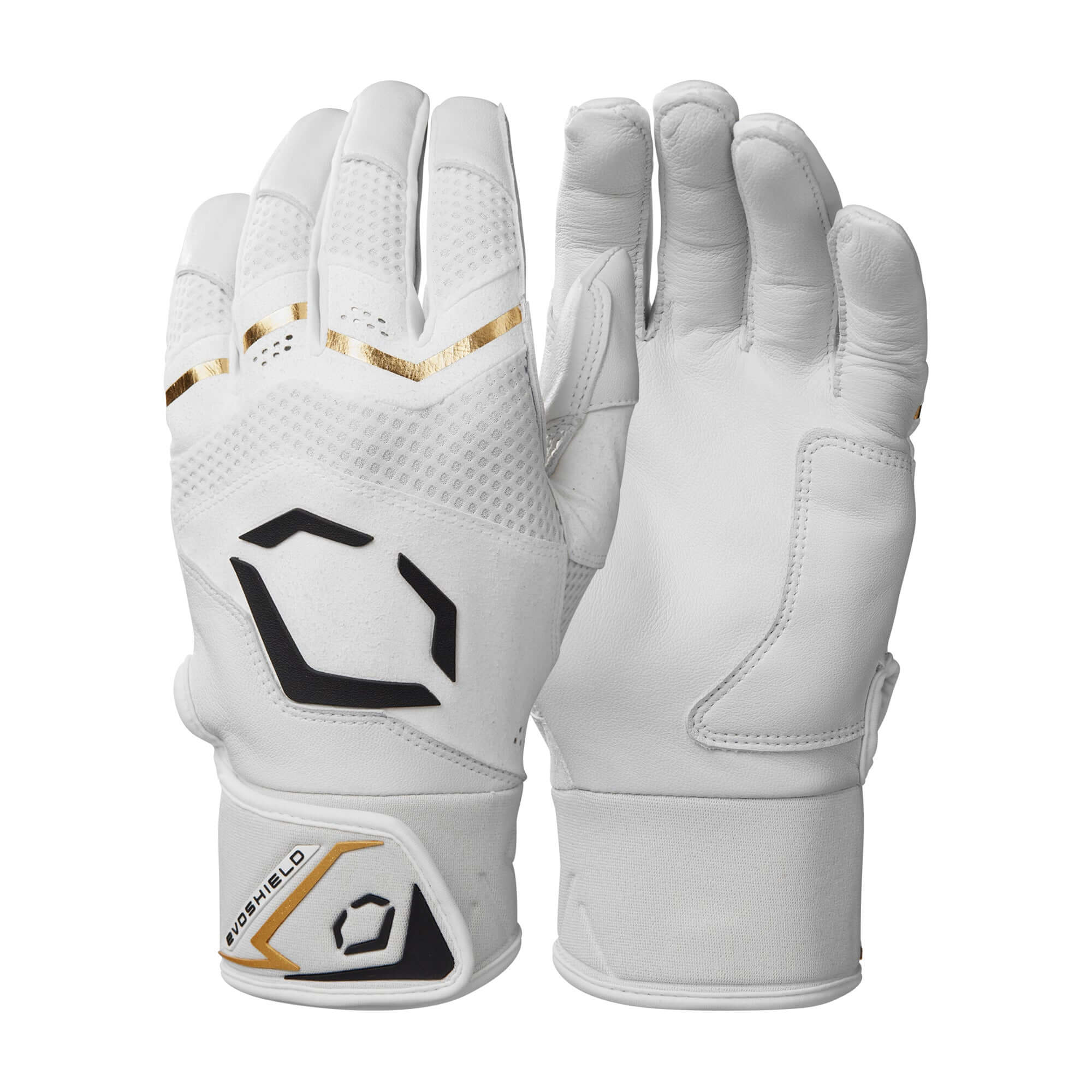 Back and palm view of Evoshield Youth Carbyne Batting Glove in Team White