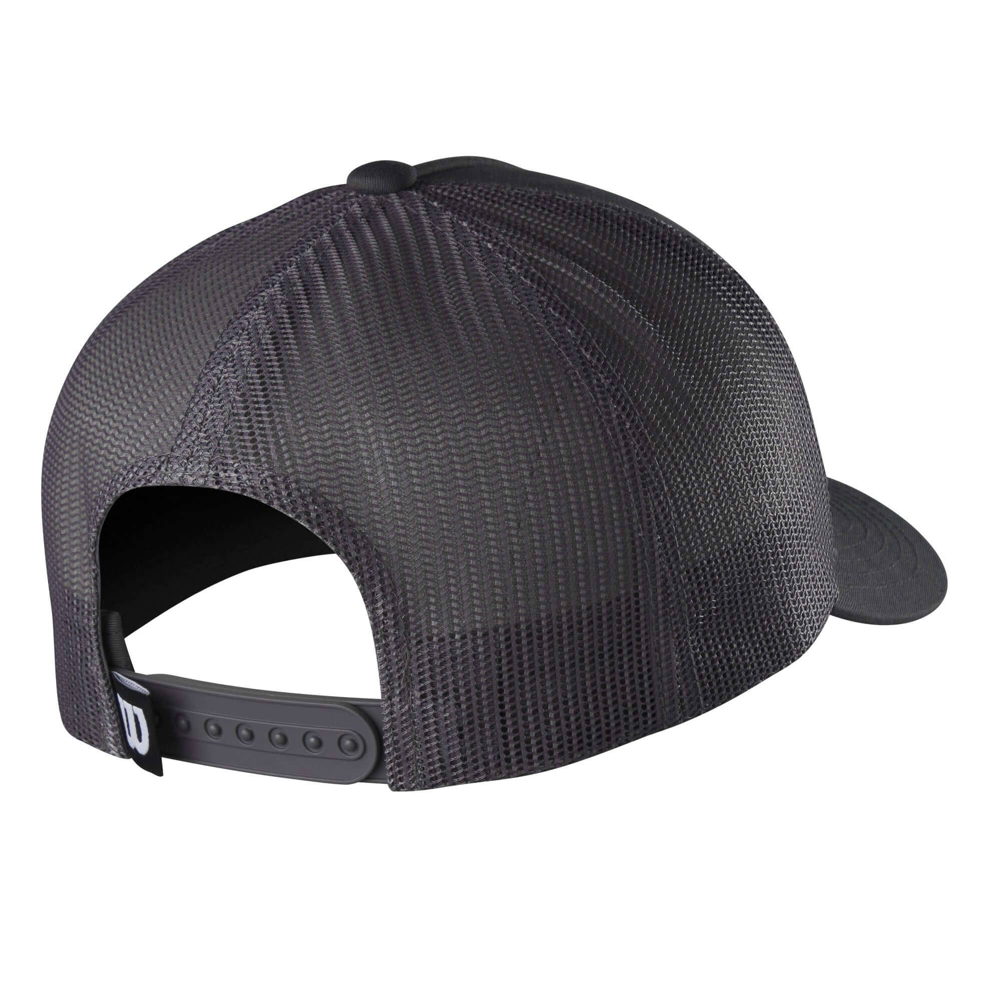 Back view of the Wilson Distressed A2000 Snapback in charcoal, featuring a mesh design and adjustable strap for comfort.