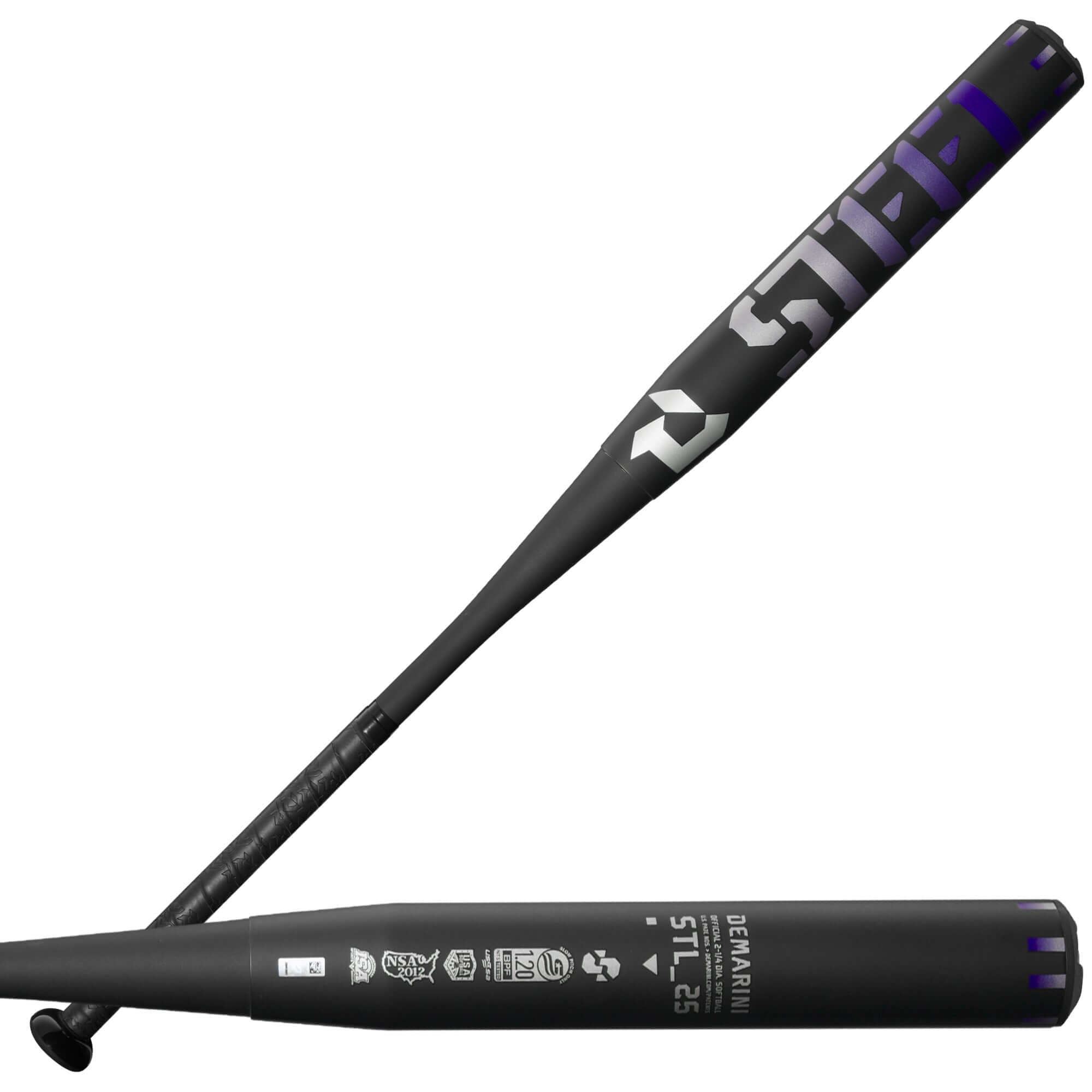 Front and back view of DeMarini Steel 2025 Slowpitch Bat with seamless steel barrel.