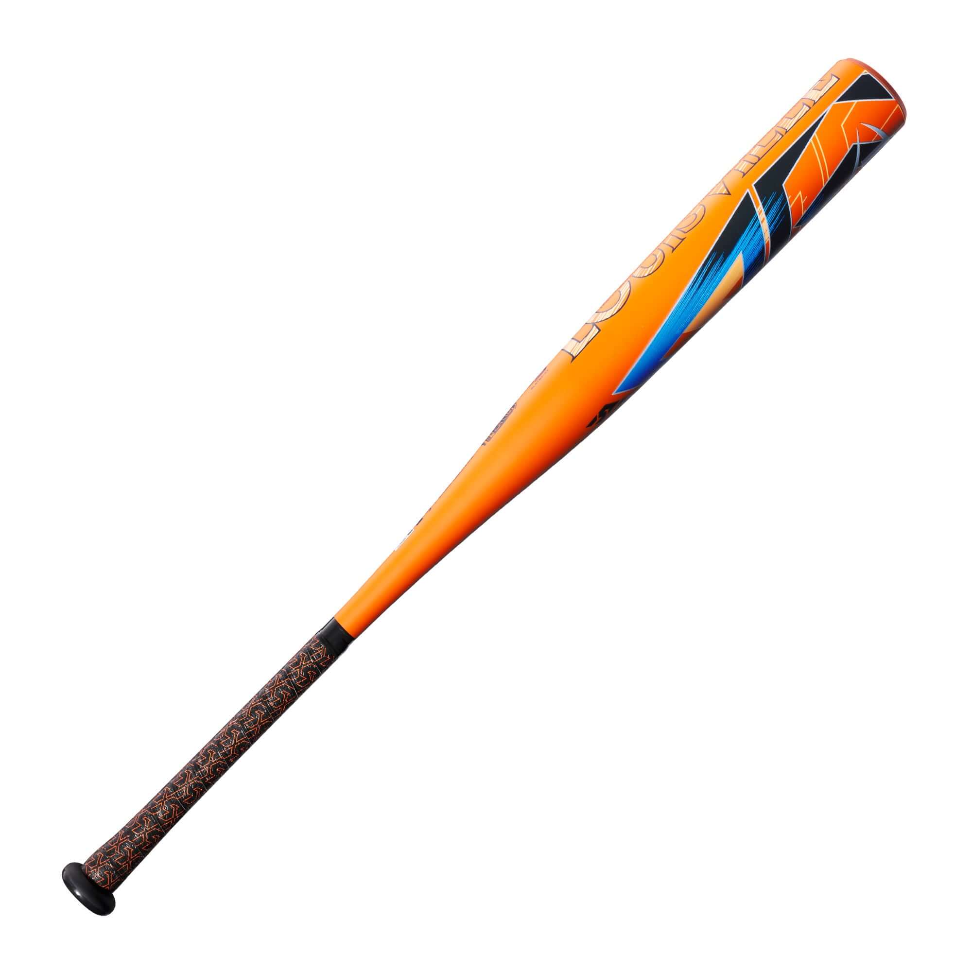 Louisville Slugger Atlas (-5) USSSA baseball bat in orange and blue design, showcasing lightweight alloy and ergonomic grip.