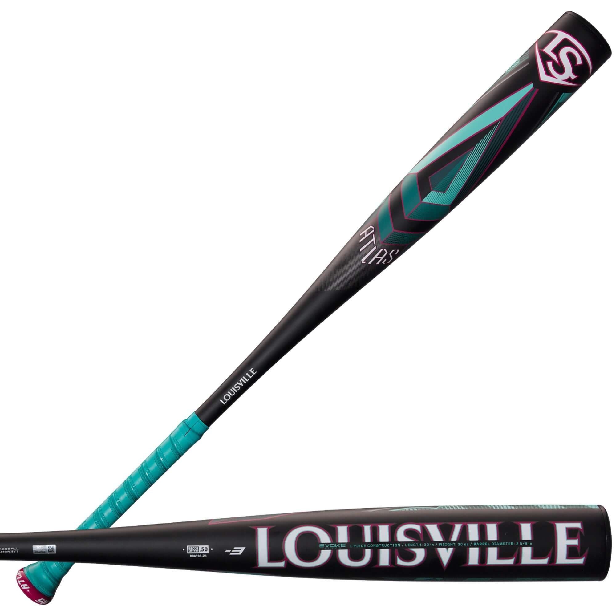 Louisville Slugger Atlas 2025 BBCOR (-3) one-piece alloy bat with EVOKE Alloy Barrel and Pro Design Knob Taper.