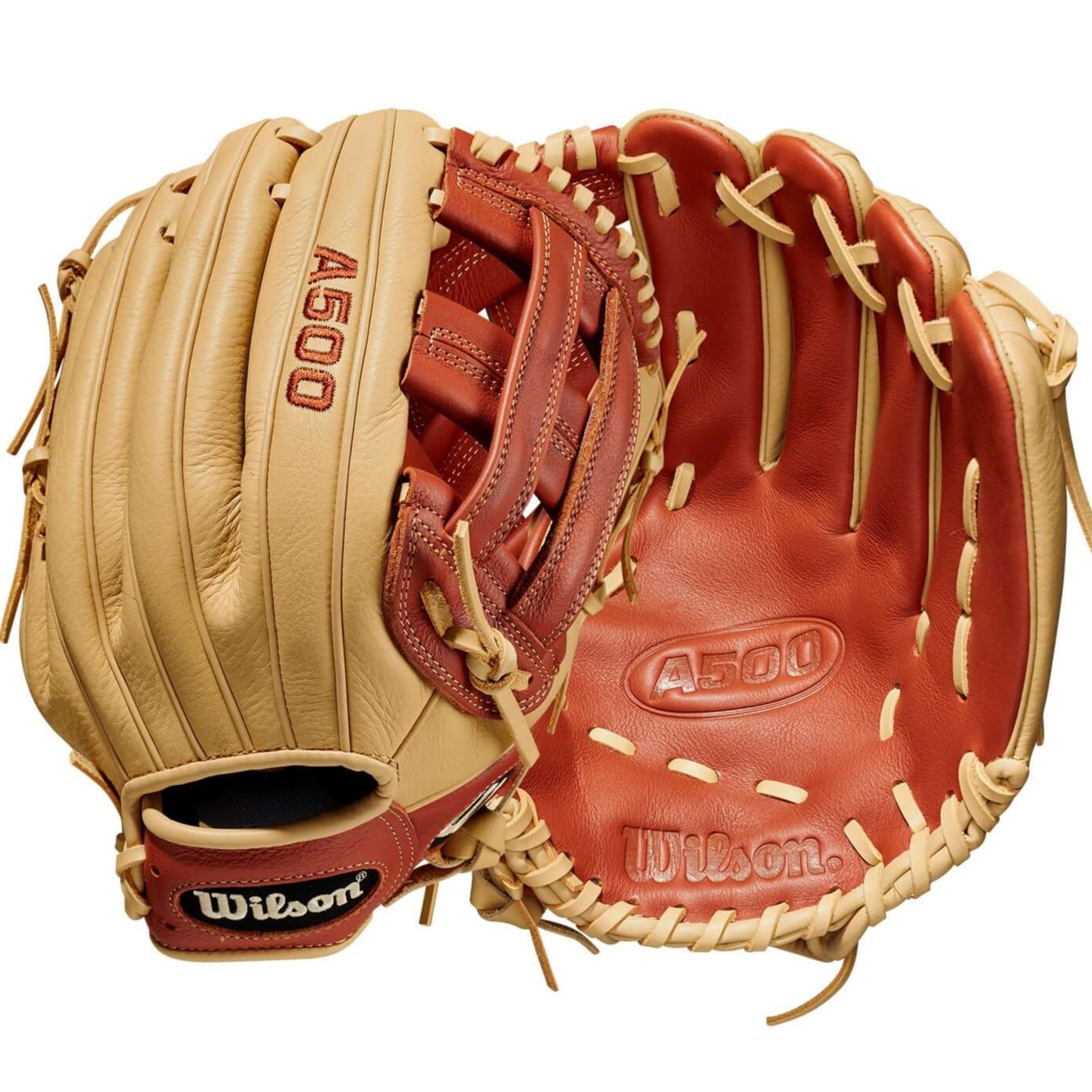 Wilson A500 12-inch baseball glove with Dual Post Web in Copper/Blonde, designed for young players.