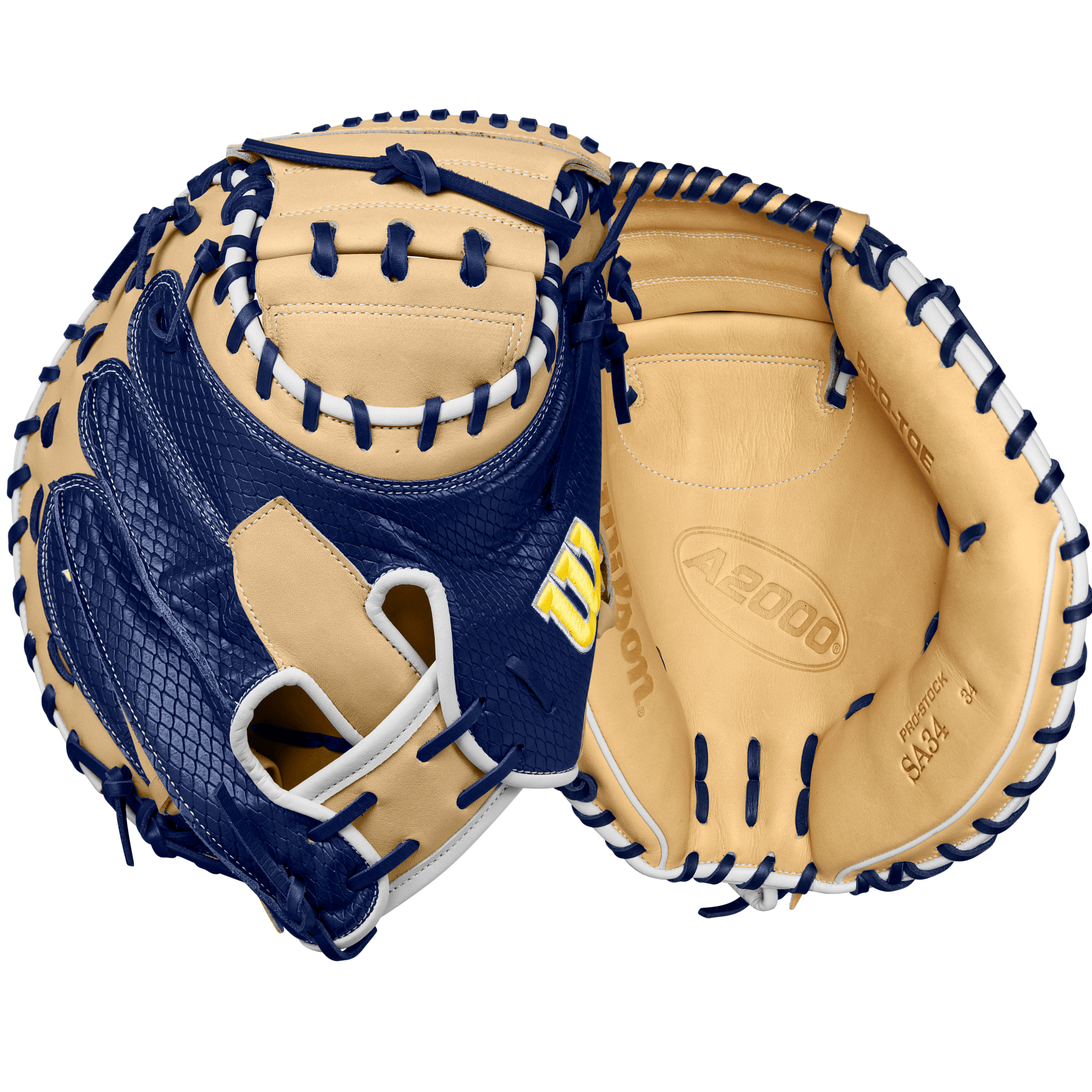 Wilson Winter 2024 A2000 SA34SS Catcher's Mitt in Blonde/Navy, 34", featuring updated design for enhanced comfort and control.