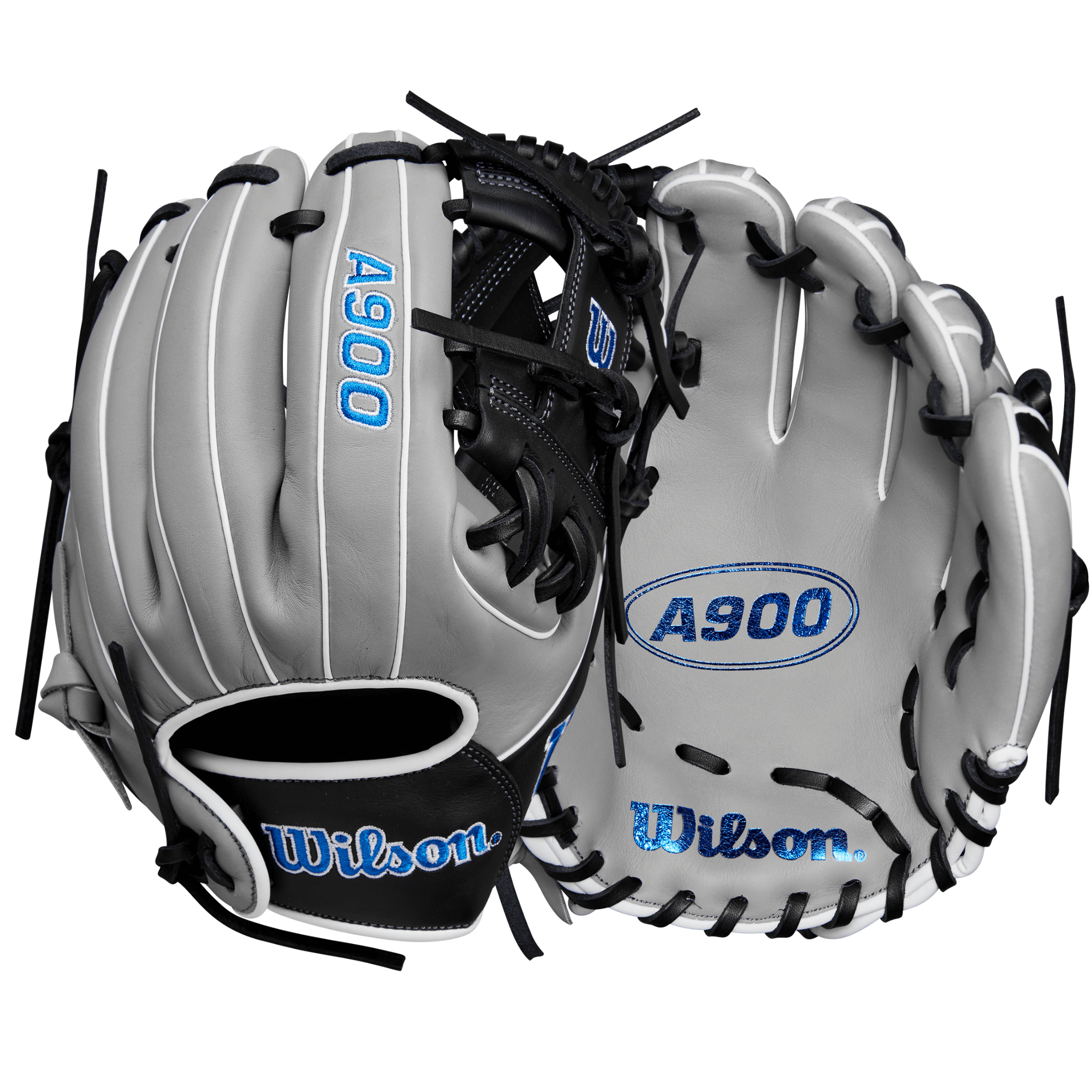 Wilson A900 PF1125 grey and black baseball glove, 11.25 inches, designed for youth players, featuring Pedroia Fit technology.