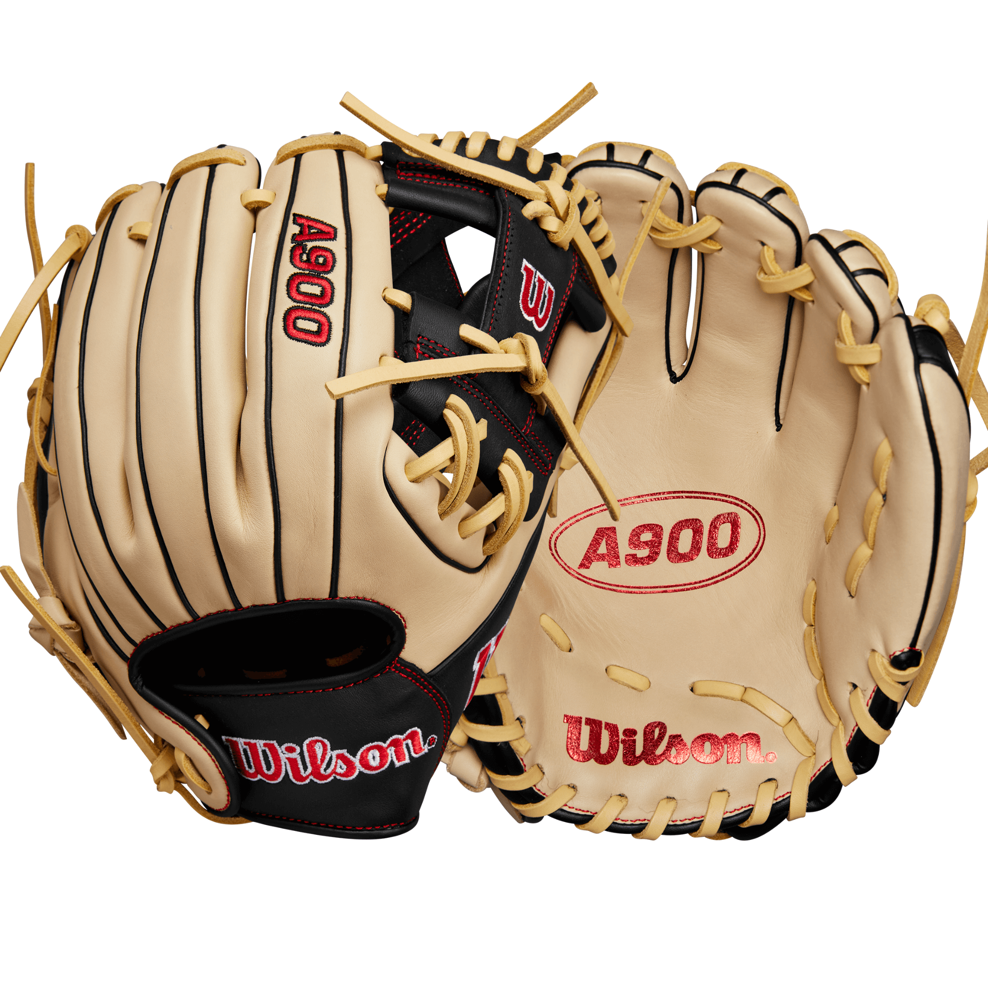 Wilson A900 PF115 baseball glove in blonde and black, designed for youth players ages 8-12, 11.5” with Pedroia Fit technology.