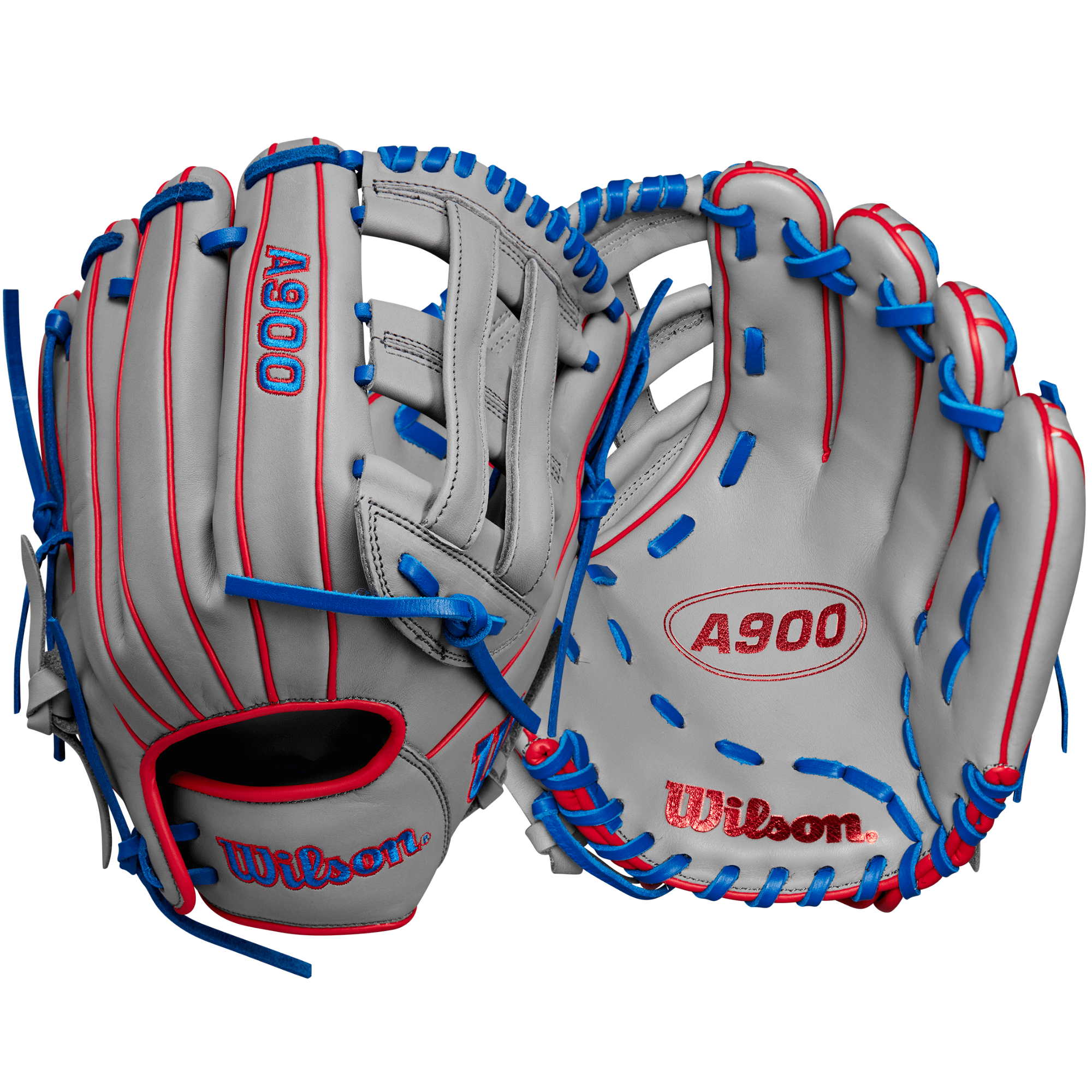 BTL Wilson 2024 A900 PF12 Pedroia Fit Utility Baseball Glove in Grey, Red, and Royal, 12 inches, showcasing soft leather design.