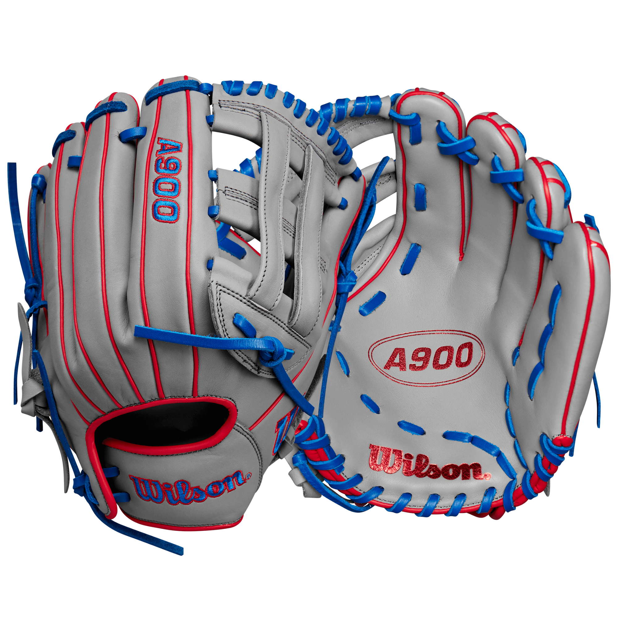 BTL Wilson 2024 A900 PF12 Pedroia Fit Utility Baseball Glove 12” LHT in grey and blue, designed for youth players' smaller hands.