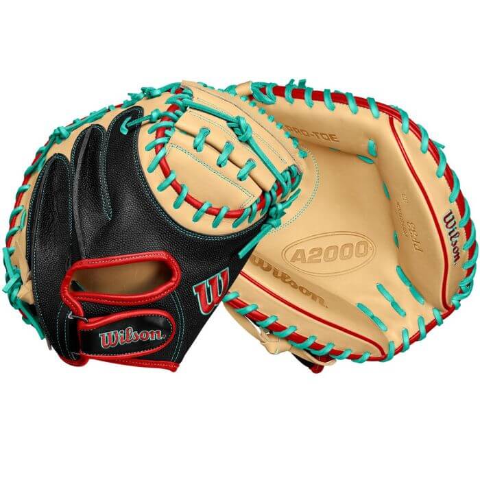 Wilson A2000 PF33 baseball catcher's mitt in black and blonde with vibrant laces and secure fit design for young catchers.