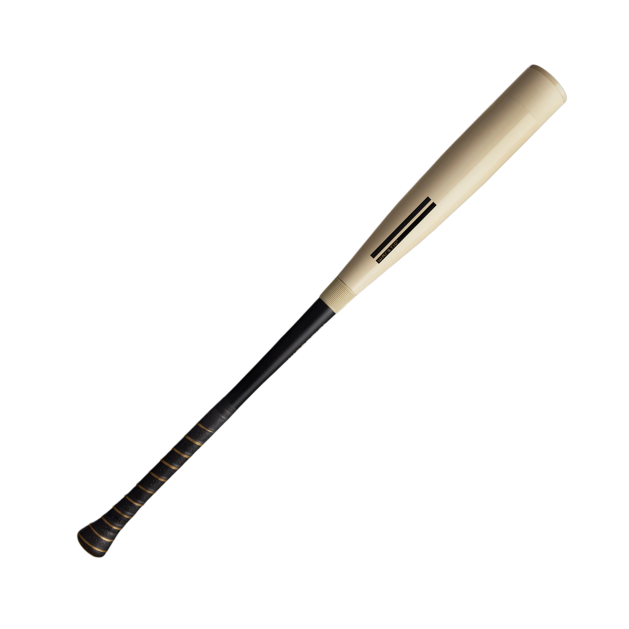 Rear view of Warstic 2025 Bonesaber Hybrid bat, displaying patented Pommel Precision Knob and distinct bone color.