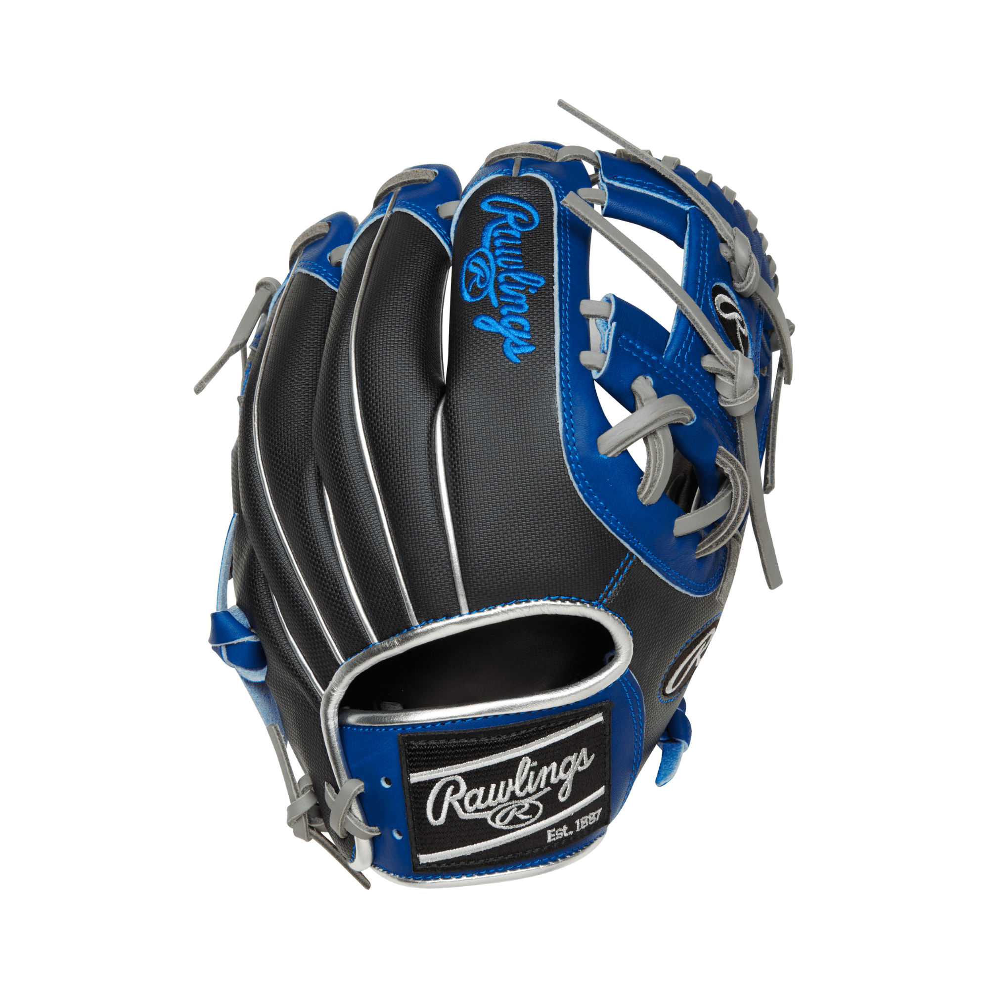 Rawlings ColorSync 7.0 Heart of the Hide 11.5" infield glove in black and royal blue with metallic silver accents.