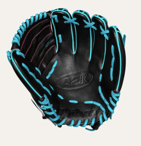 Wilson A2000 Spring 2025 B2 black and teal pitcher's glove with Closed 2-Piece Web, 12" RHT, crafted from Pro Stock leather.