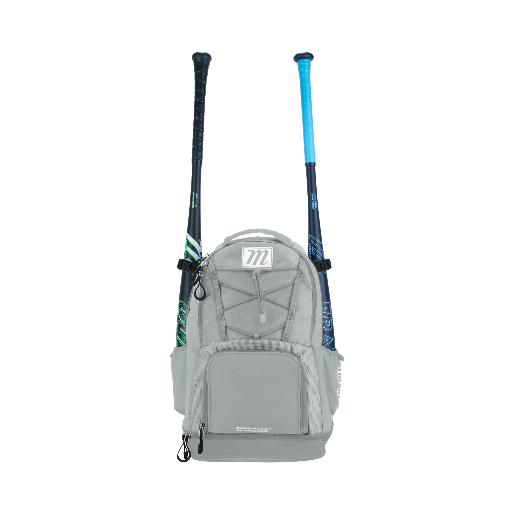 Marucci Blazr Bat Pack Gray with two bats, featuring ample storage and ventilated compartments for game day organization.