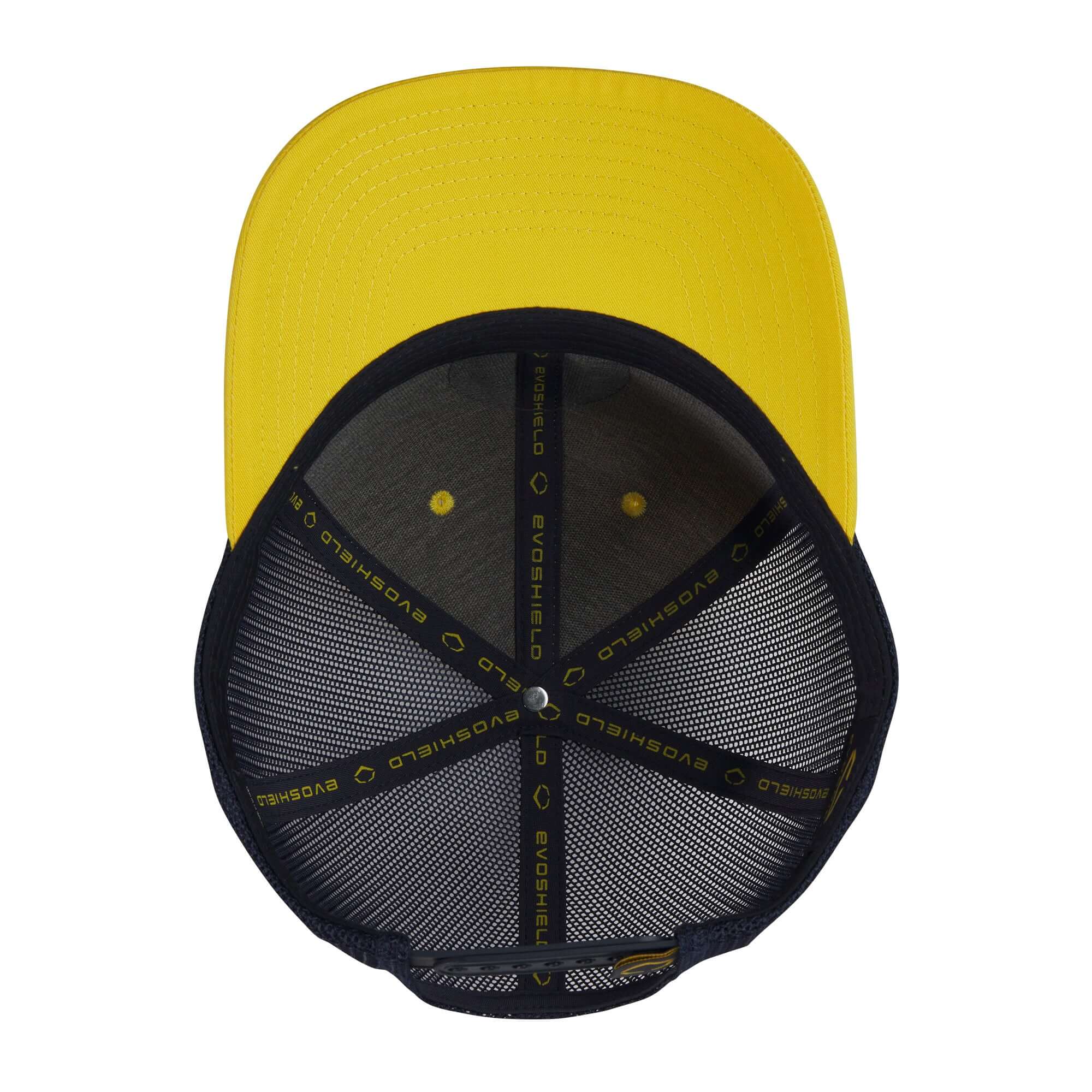 Inside view of the Evoshield Adult 112 Bananas Rubber Patch Snapback N, featuring a yellow top and mesh design for comfort.