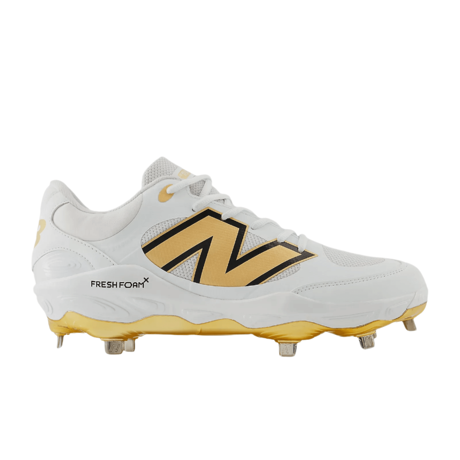 Side angle of New Balance Fresh Foam X 3000v7 cleat in Team Carolina showing the dynamic N logo and sleek profile.