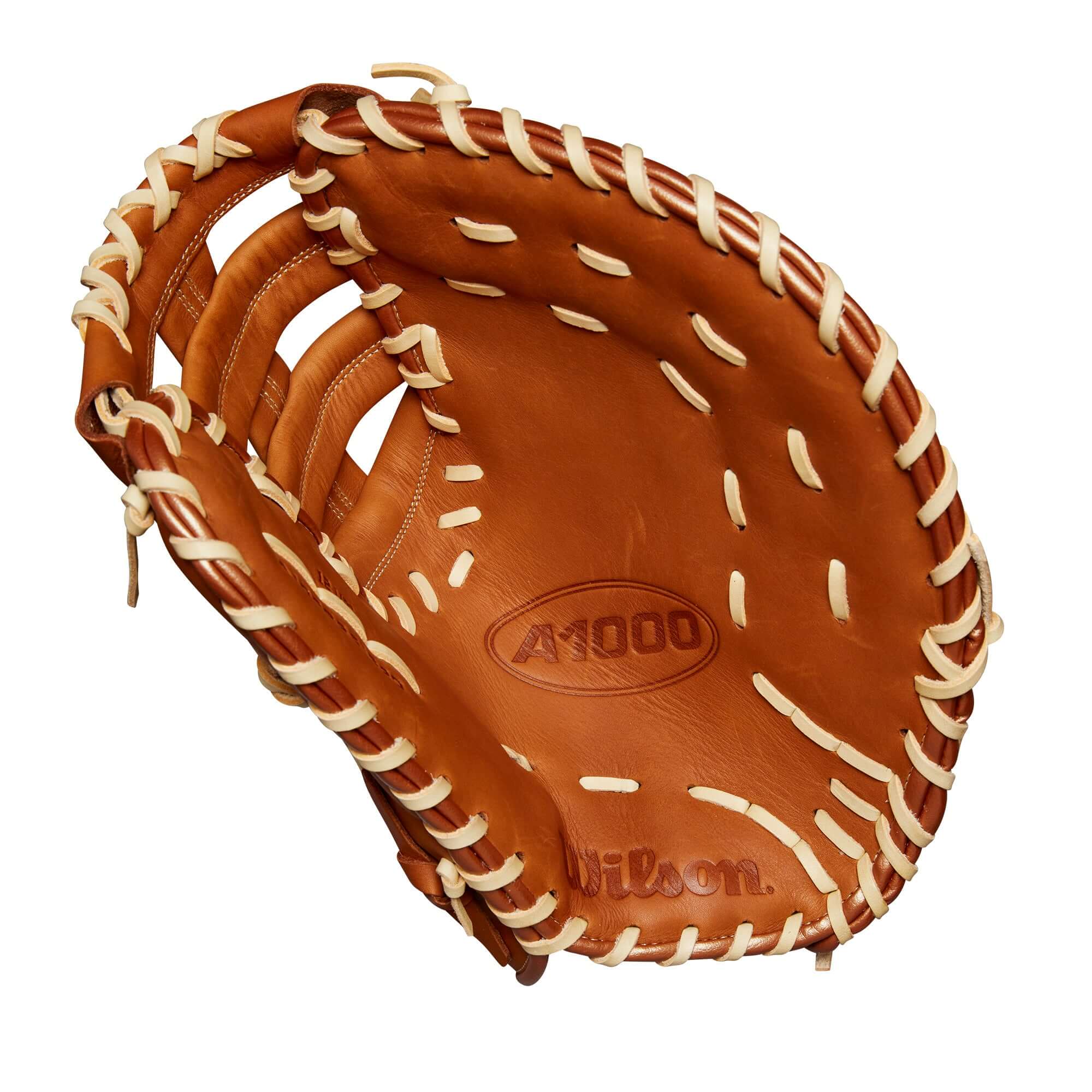 A1000® 1620 first base mitt interior view, showcasing high-quality Saddle Tan Full Grain leather craftsmanship.