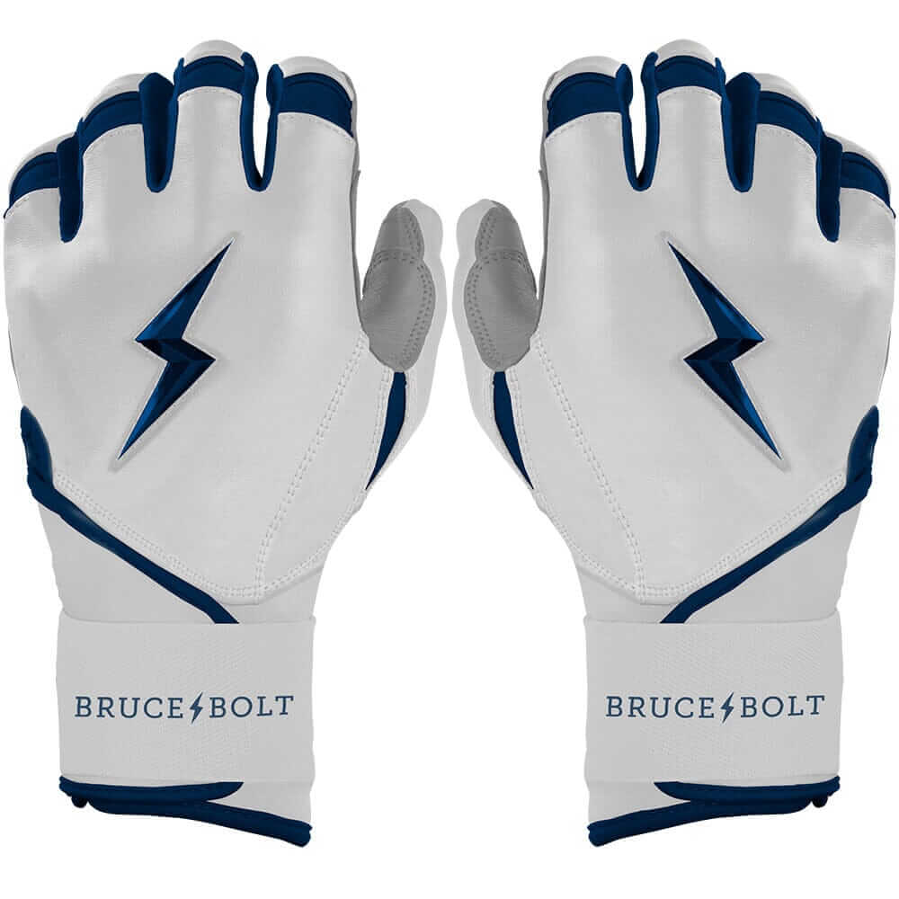 Both hands wearing Bruce Bolt Premium Pro Chrome Long Cuff Batting Gloves in navy.