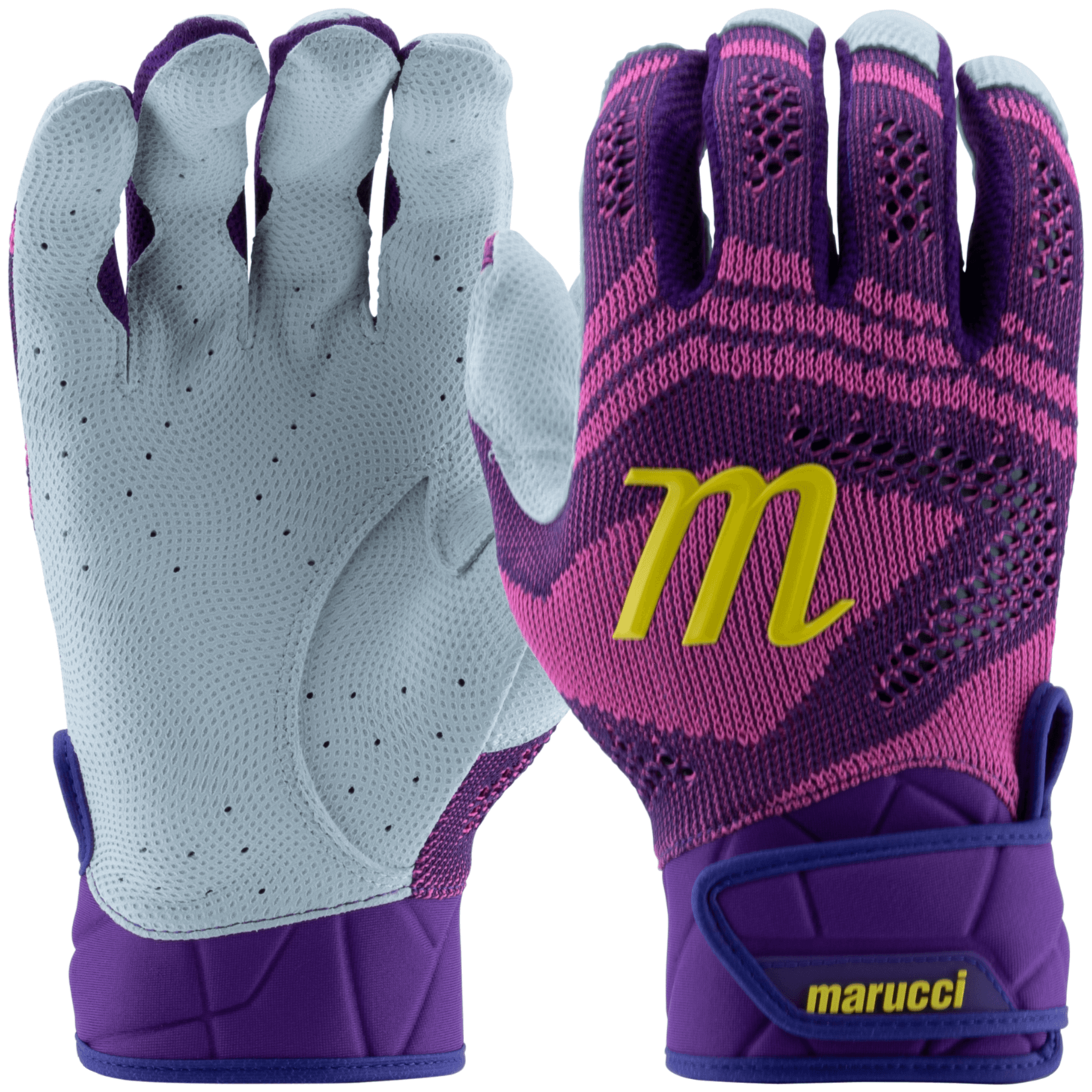 Marucci Breeze Knit V2 Batting Gloves in Purple and Pink featuring a unique knit design and digitally embossed leather palm.