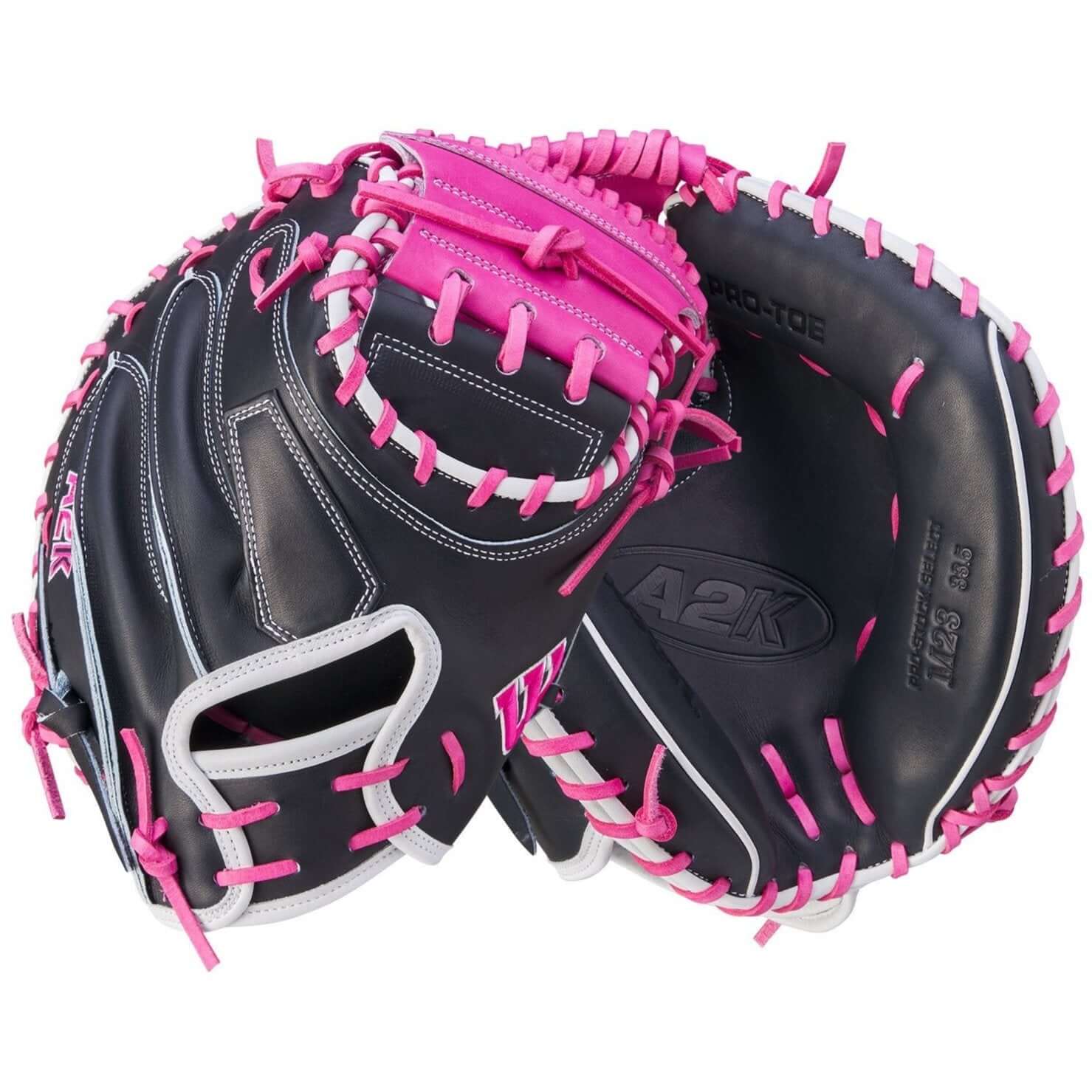 Navy Blue/Flamingo Wilson A2K M23 catcher's mitt, 33.5, high-quality leather, ideal for modern catchers, right-hand throw