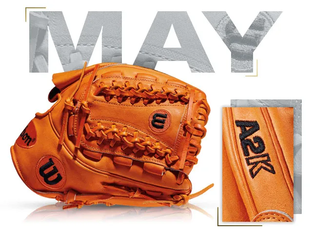 Wilson A2K JF16 GM baseball glove for May 2014 with vibrant orange design and detailed stitching.