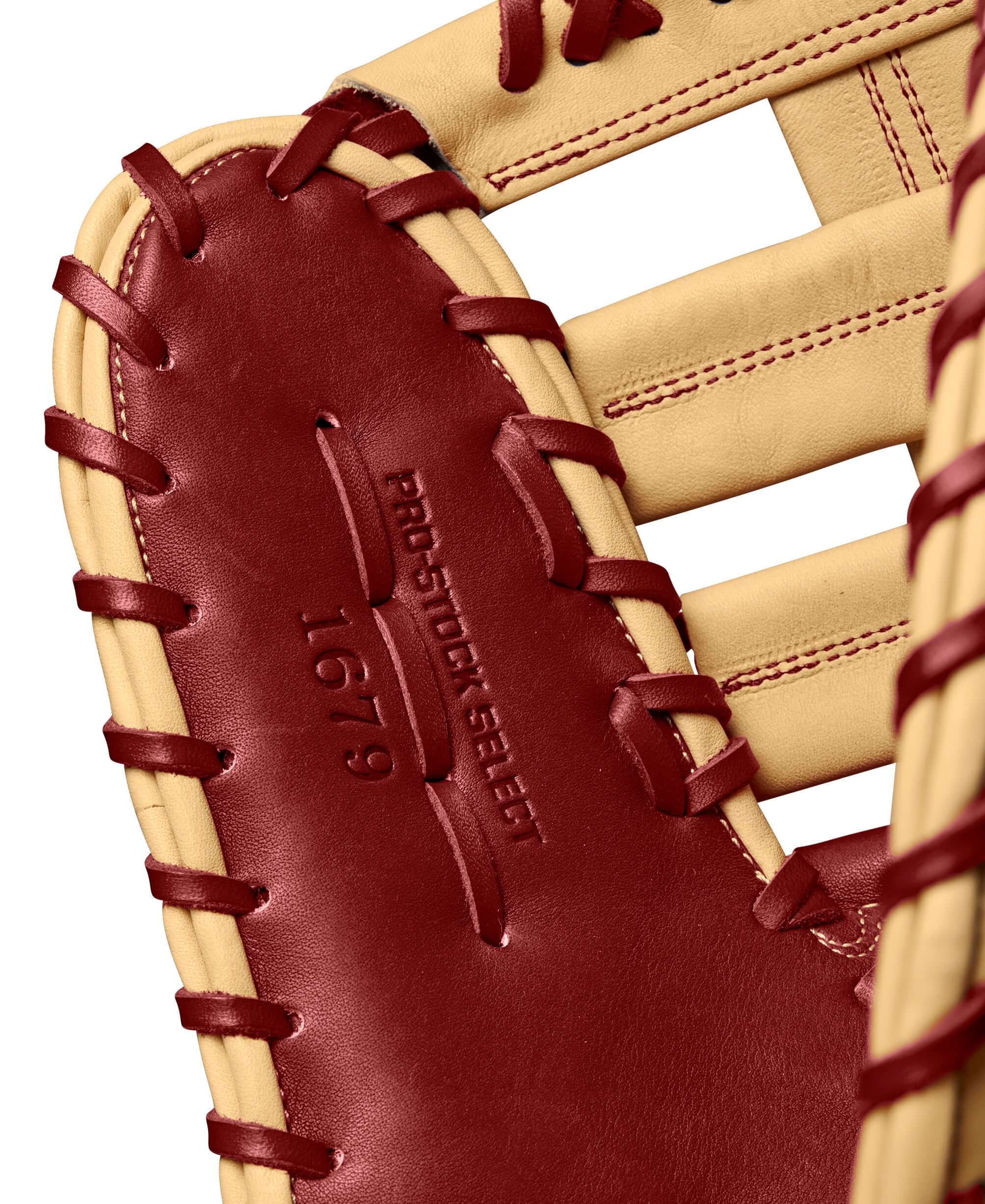 Wilson A2K 1679 12.5-inch first base mitt in red and blonde leather