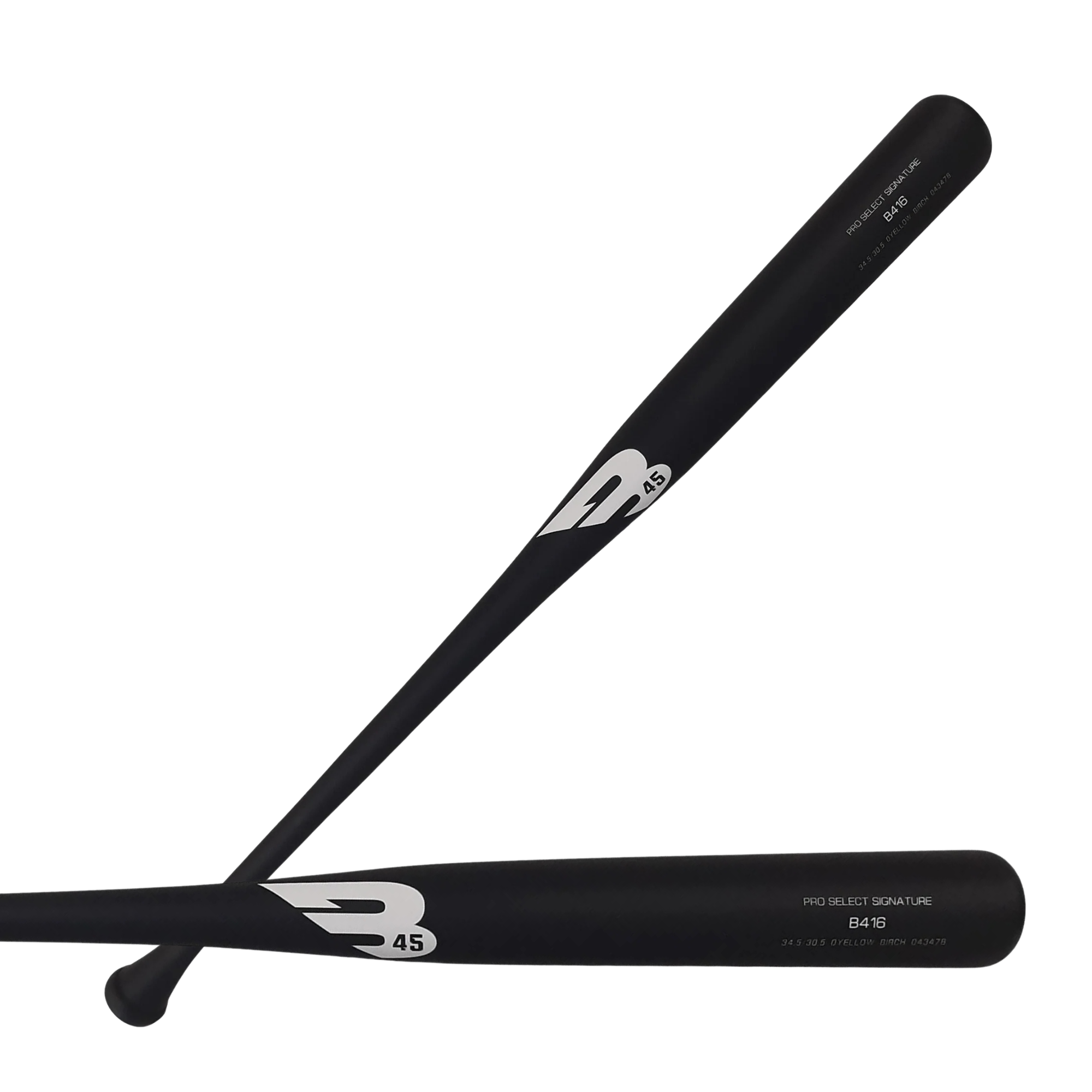 B45 Youth Model B416 Matte Black baseball bat showcasing knobless design for power hitters.