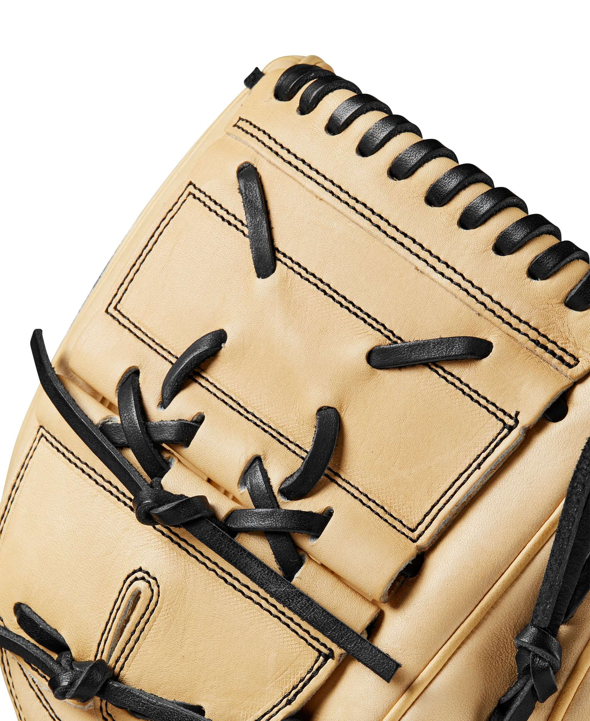 Close-up of the Wilson 2024 A2000 B2 pitcher's glove showcasing its Blonde Pro Stock® leather and lace details.