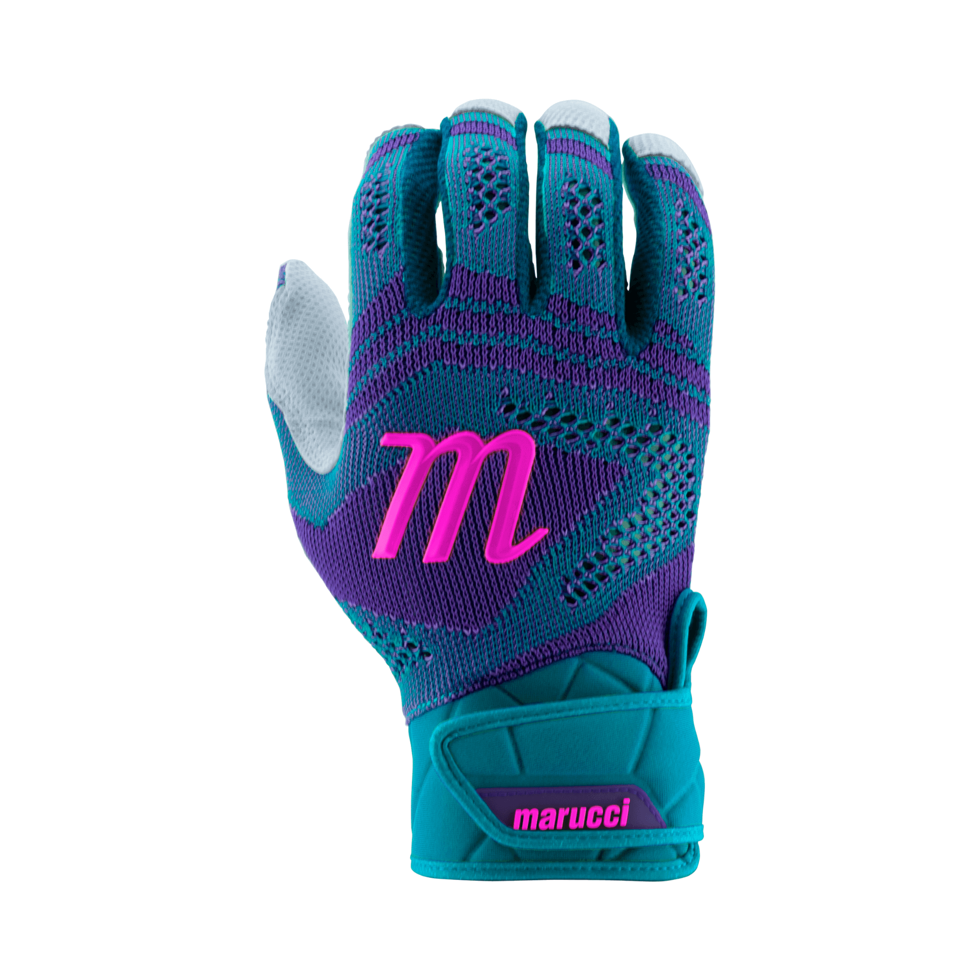 Marucci Breeze Knit V2 Batting Gloves in Columbia Blue and Purple, designed for flexibility and grip on the diamond.