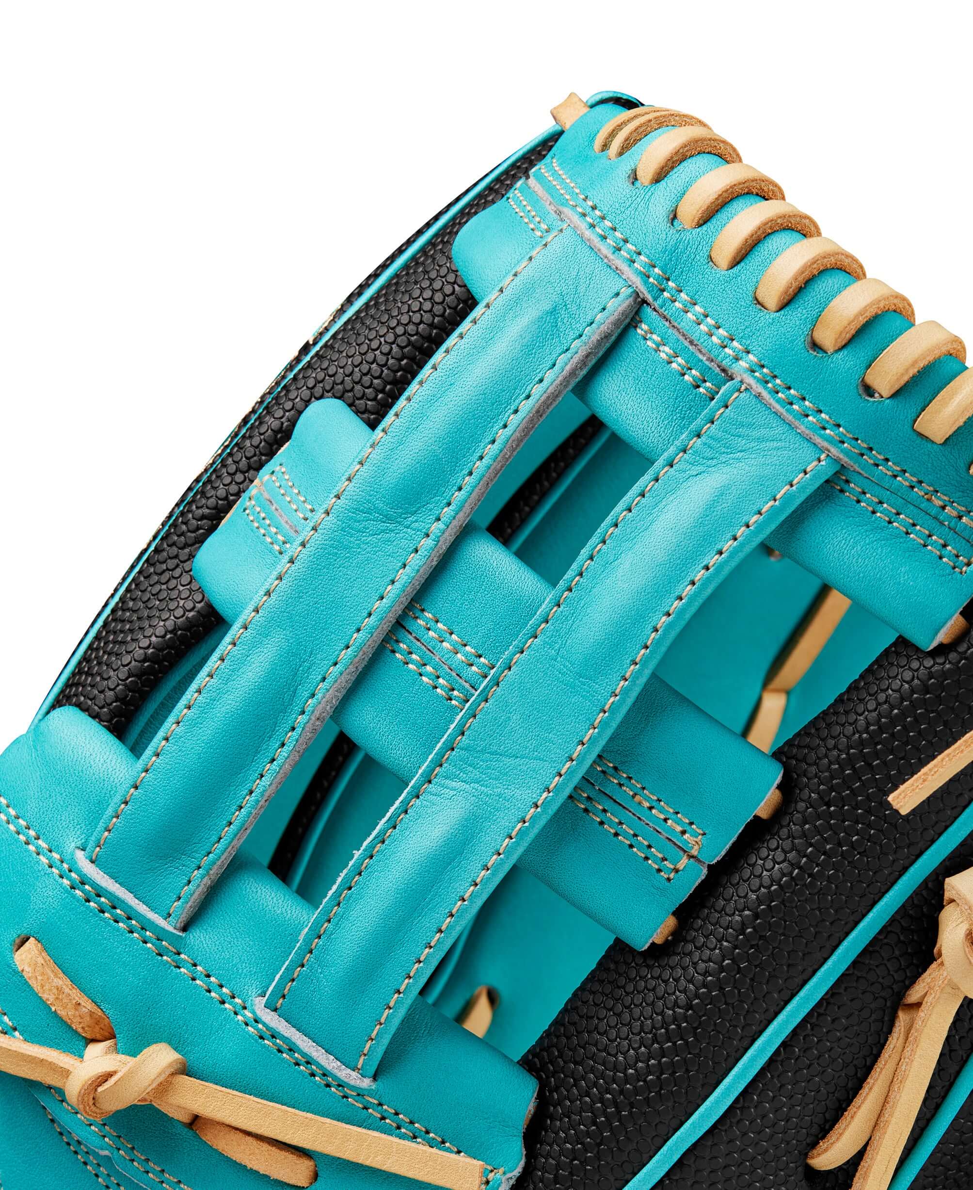 Black and teal 12.25 Wilson A2000 PF50SS outfield baseball glove with Pedroia Fit Technology.