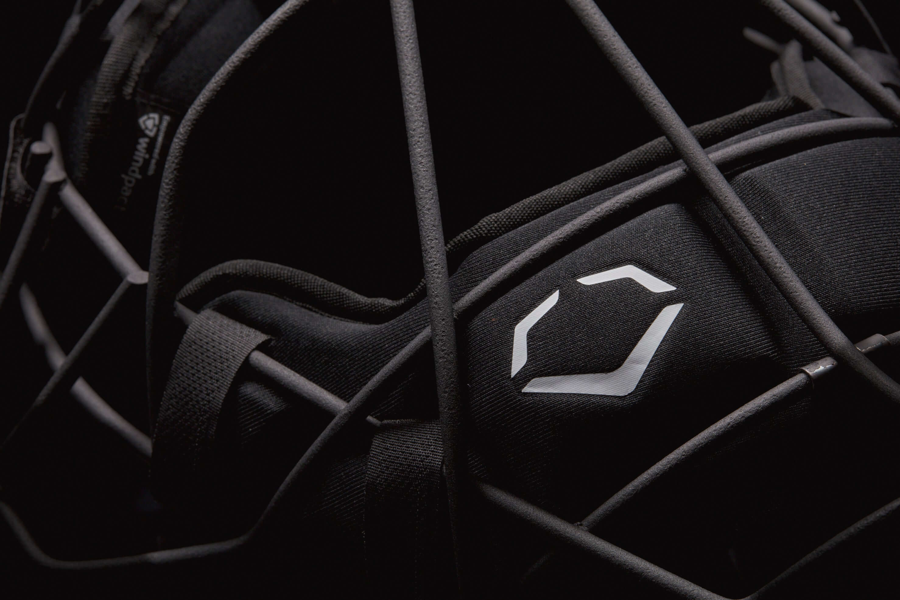 Close-up of Evoshield Pro-SRZ Catcher's Face Mask in black, featuring Windpact's Crash Cloud technology for maximum protection.