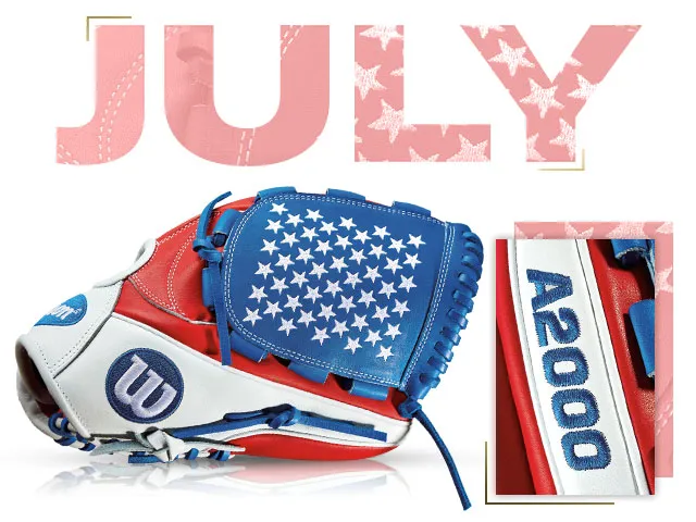 Wilson A2000 glove featuring Old Glory design for July 2016, celebrating Alex Cobb's GOTM with red, white, and blue colors.