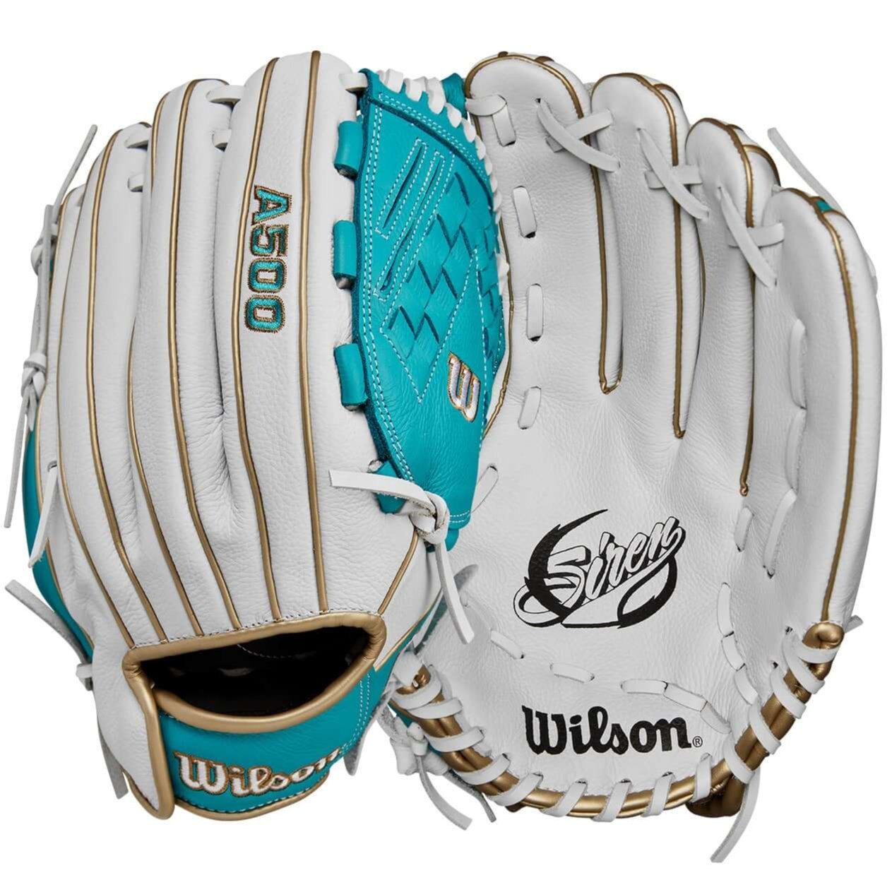 Wilson 2024 A500 Siren 12.5” white and teal youth softball glove with closed web design and quick-fit wrist strap.