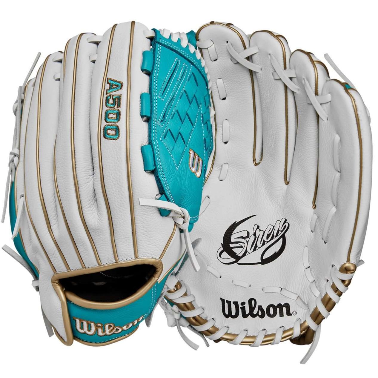 Wilson A500 Siren 12.5" youth outfield glove in white, teal, and gold design with Closed Victory Web for secure fit.