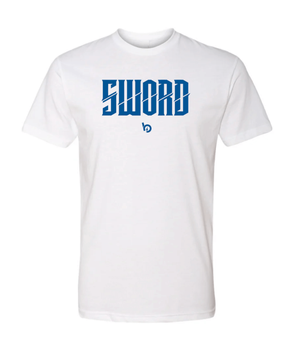 Bauer Outage Sword Logo Tee in white featuring bold blue 'SWORD' graphic.